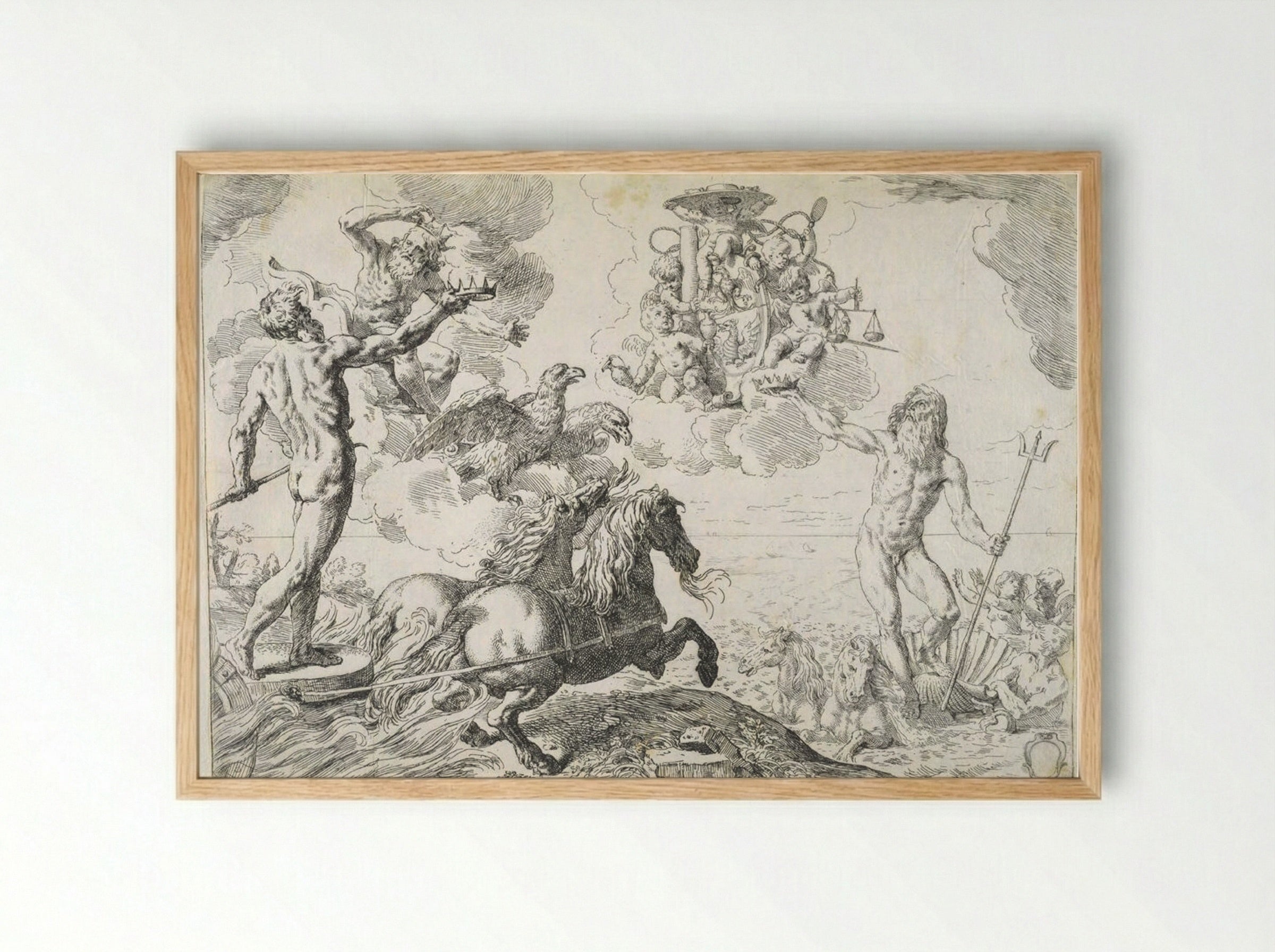 Jupiter, Neptune, and Pluto Offering their Crowns to the Arms of Cardinal Barberini - Simone Cantarini - Framed Print Wood