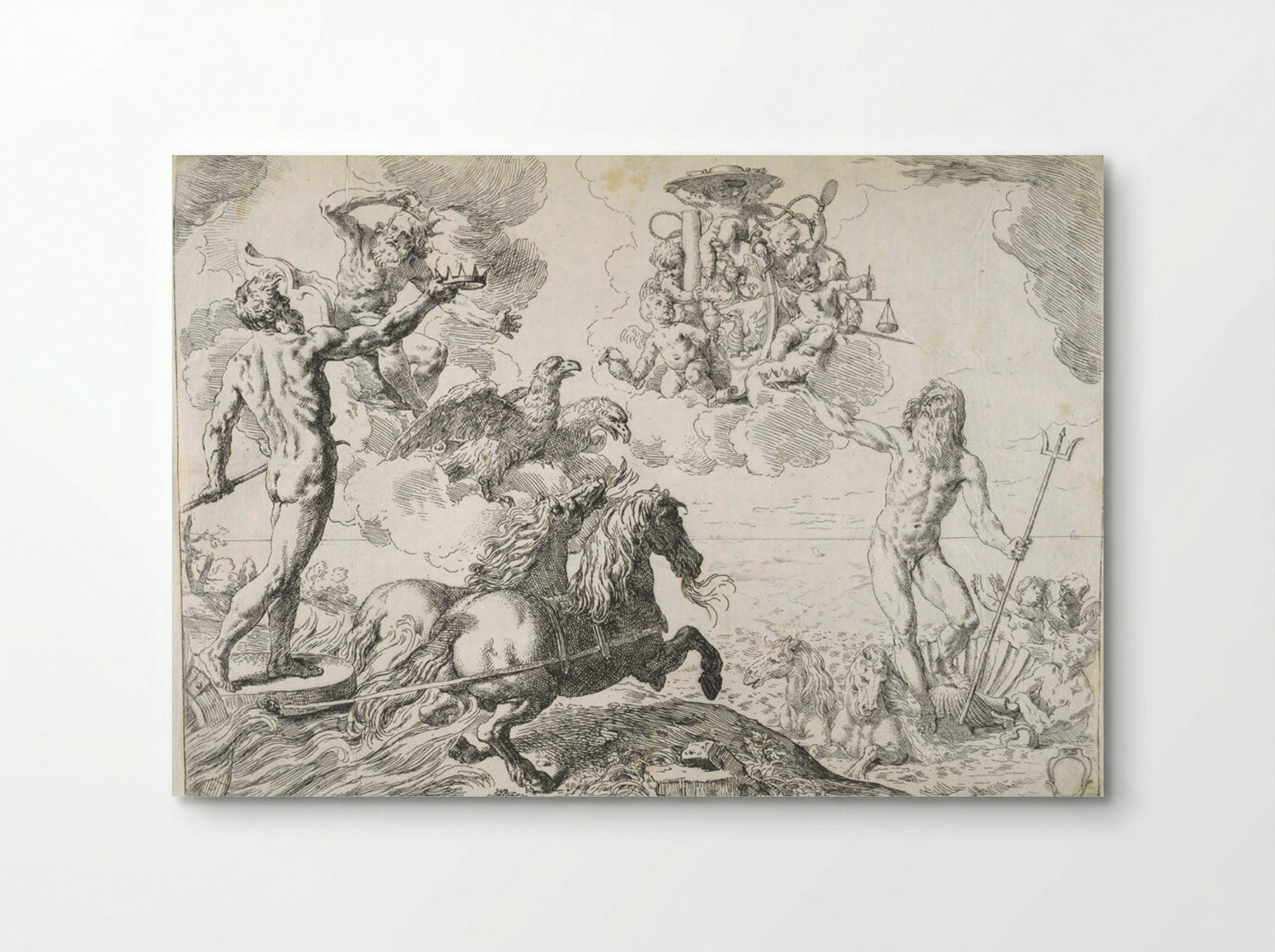 Jupiter, Neptune, and Pluto Offering their Crowns to the Arms of Cardinal Barberini - Simone Cantarini - Poster