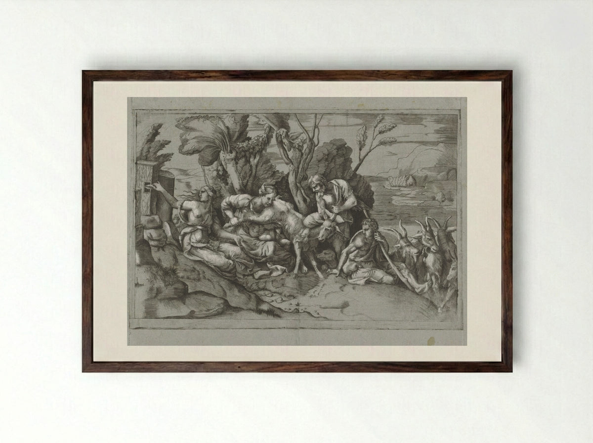 Jupiter Nursed by the Goat Amalthea - Giulio Bonasone - Framed Print Dark Wood