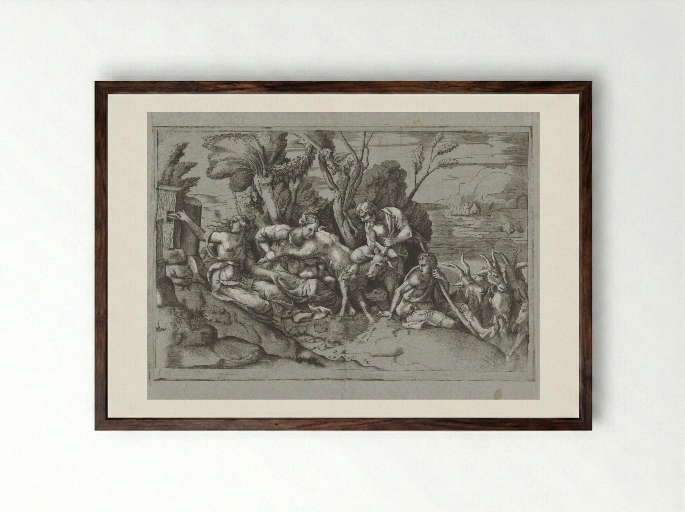 Jupiter Nursed by the Goat Amalthea - Giulio Bonasone - Framed Print Dark Wood