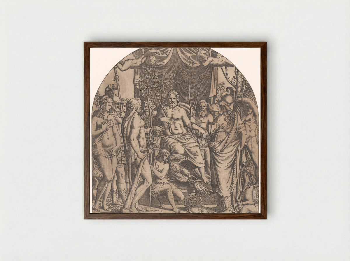 Jupiter Surrounded by Gods with Branches of Sacred Trees - Léon Davent - Framed Print Dark Wood