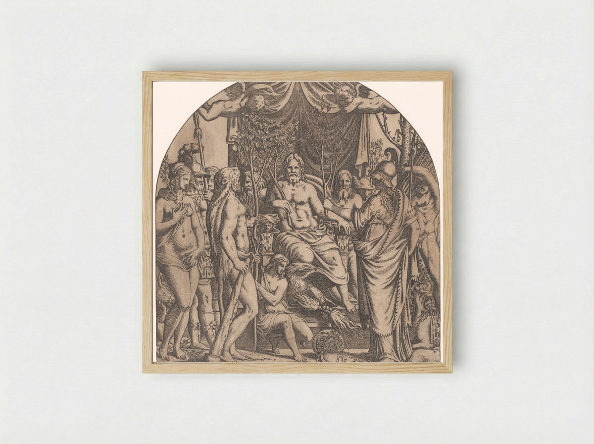 Jupiter Surrounded by Gods with Branches of Sacred Trees - Léon Davent - Framed Print Wood