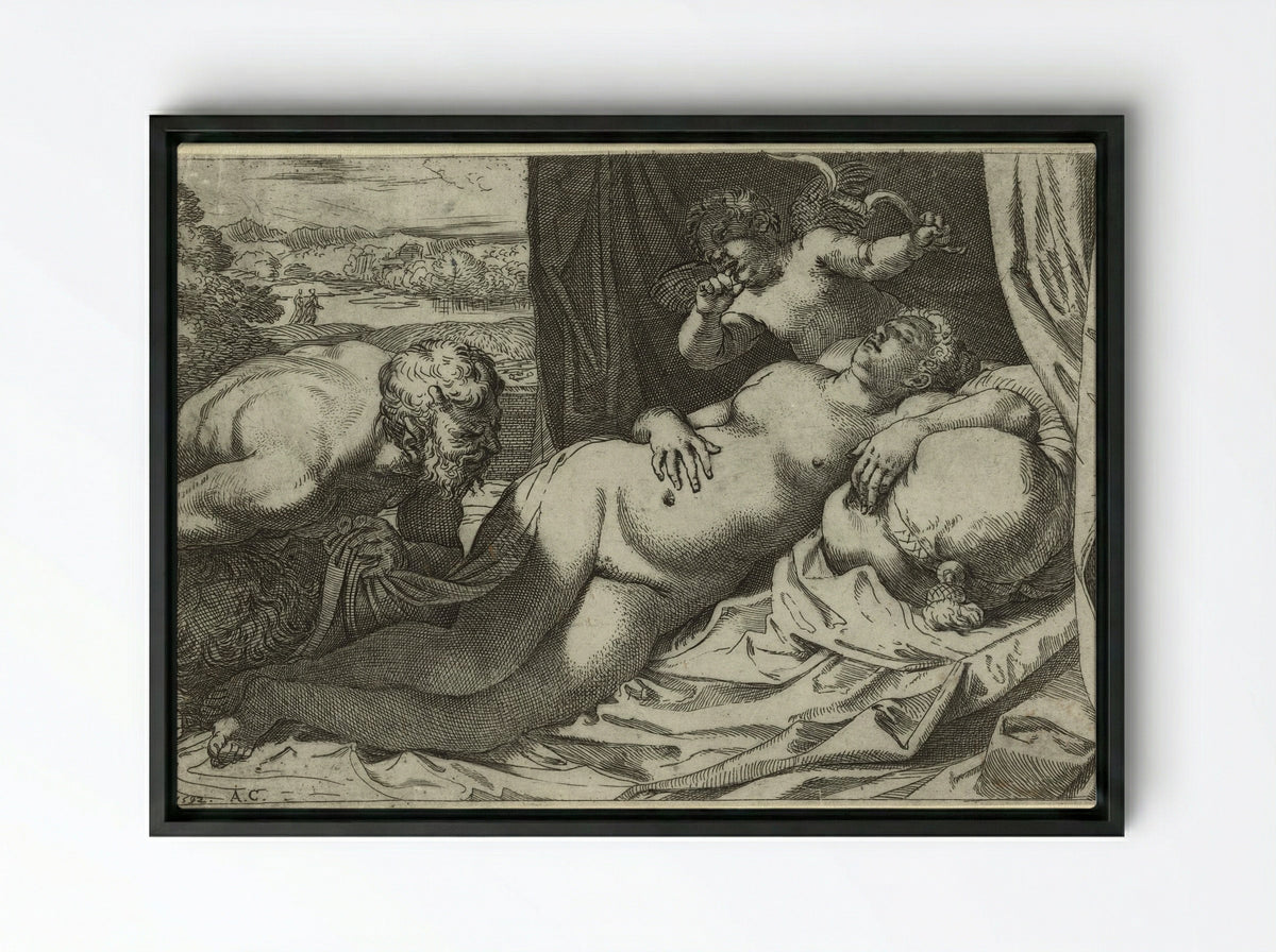 Jupiter and Antiope - Annibale Carracci - Framed Canvas Black