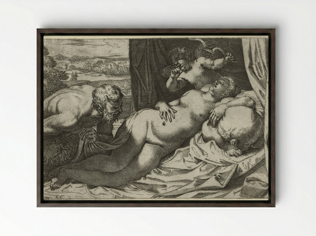 Jupiter and Antiope - Annibale Carracci - Framed Canvas Dark Wood