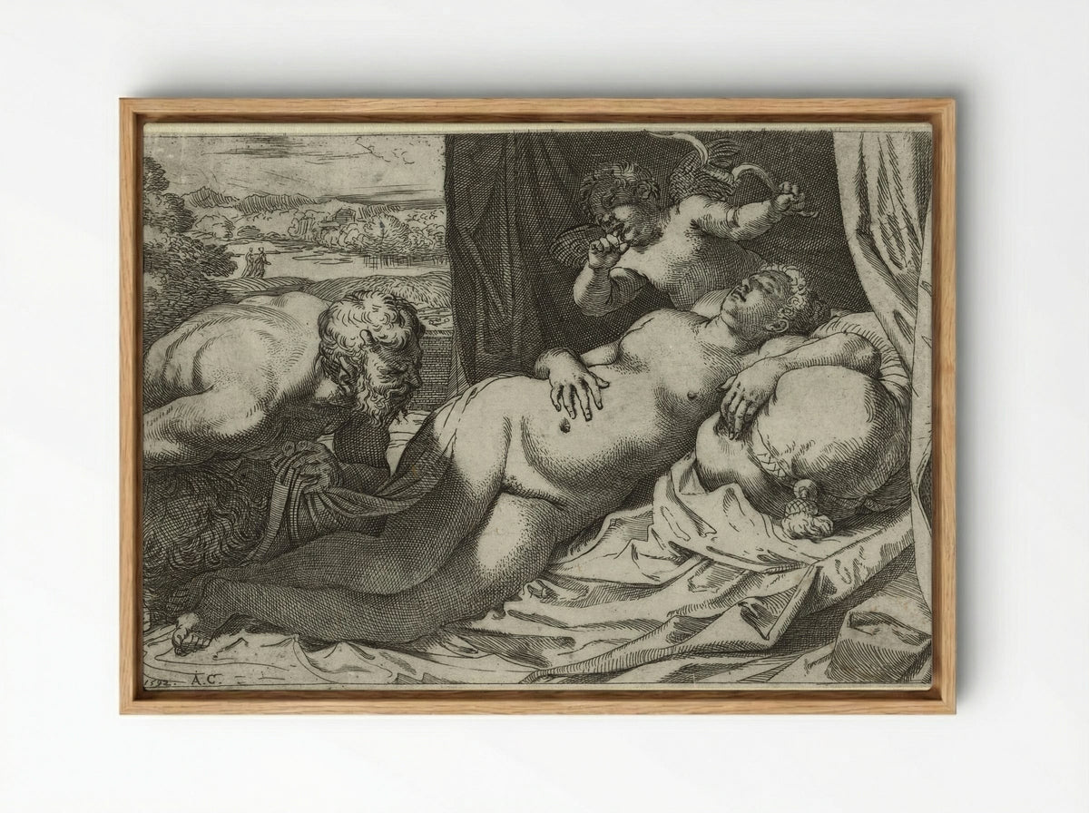 Jupiter and Antiope - Annibale Carracci - Framed Canvas Wood