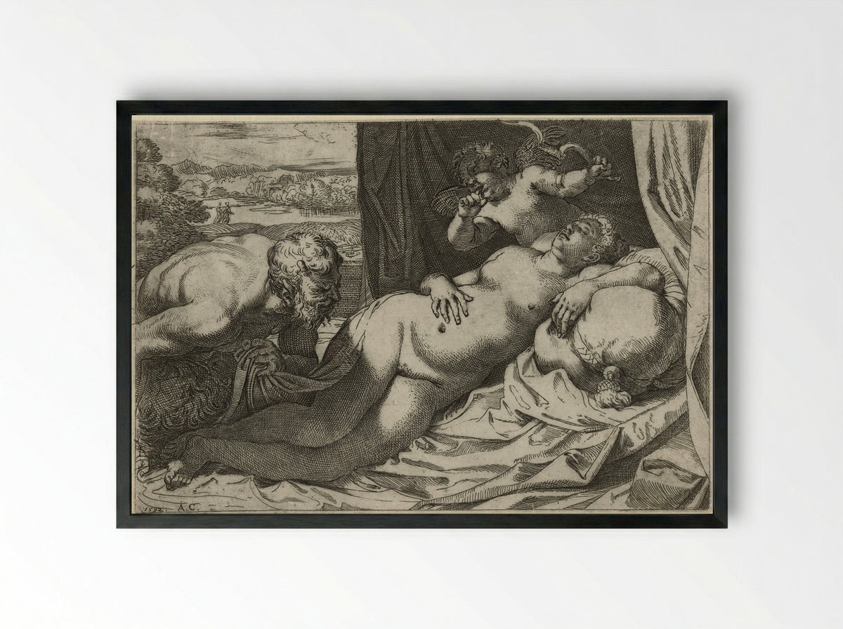 Jupiter and Antiope - Annibale Carracci - Framed Print Black