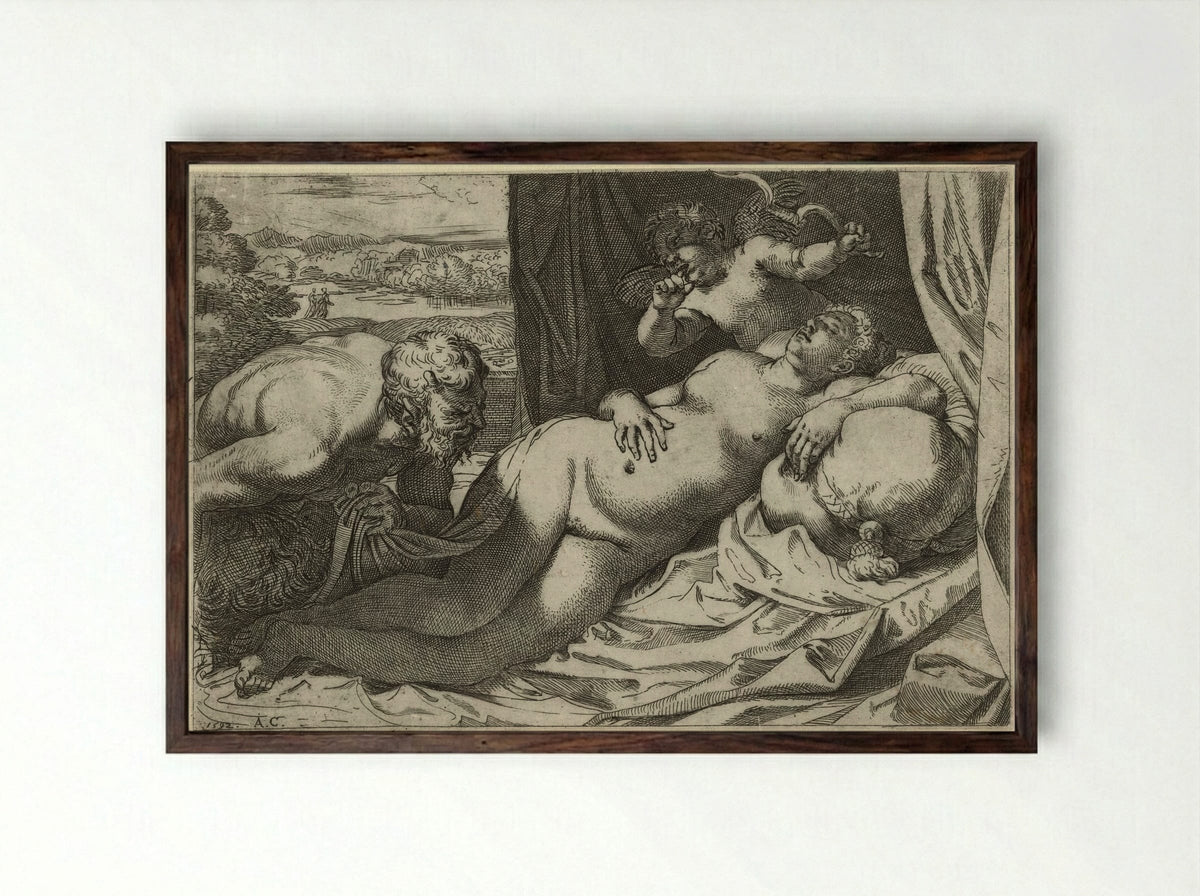 Jupiter and Antiope - Annibale Carracci - Framed Print Dark Wood