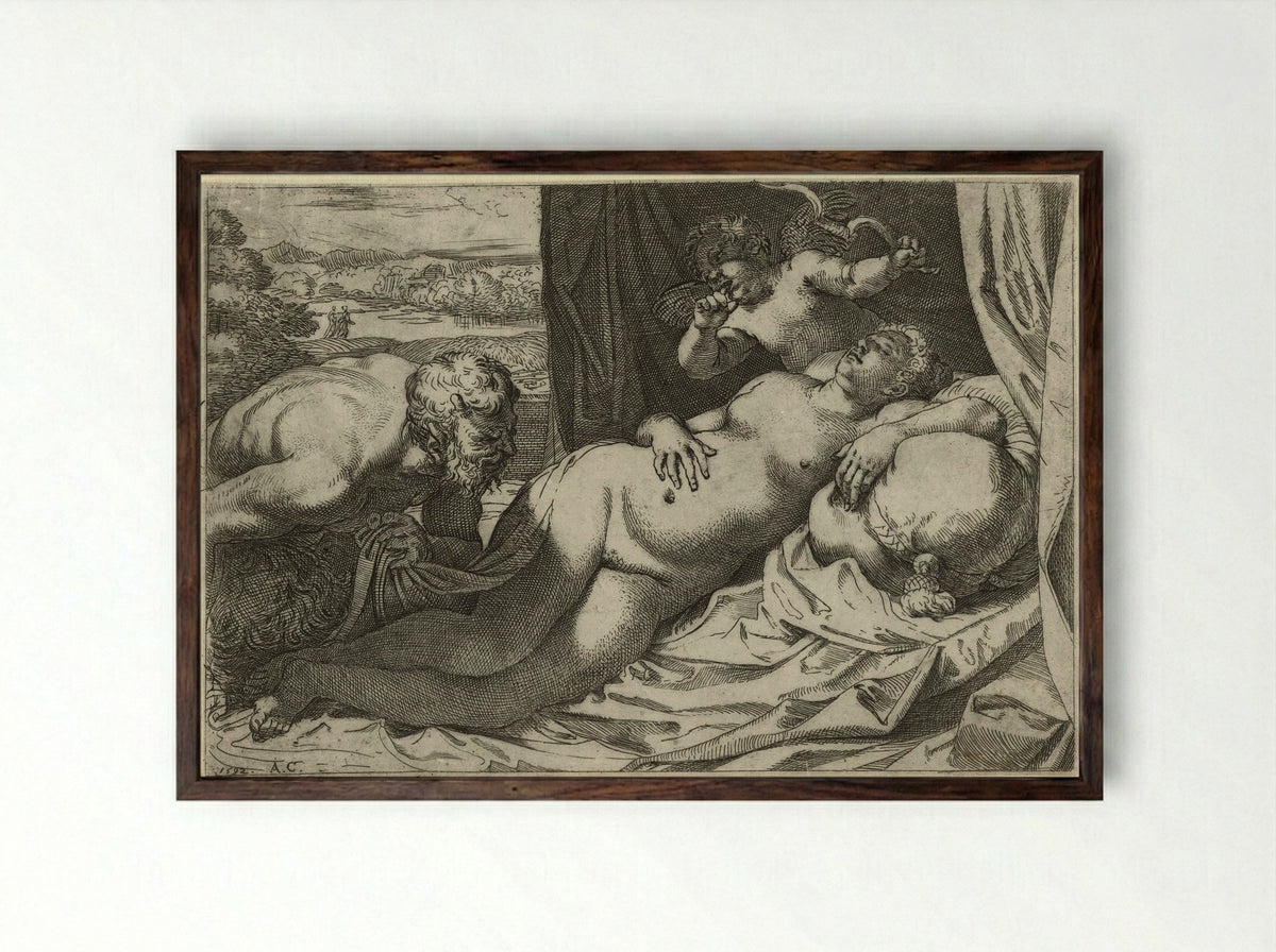 Jupiter and Antiope - Annibale Carracci - Framed Print Dark Wood
