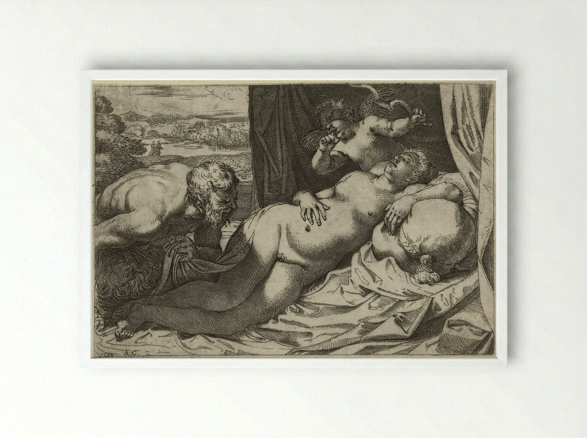 Jupiter and Antiope - Annibale Carracci - Framed Print White