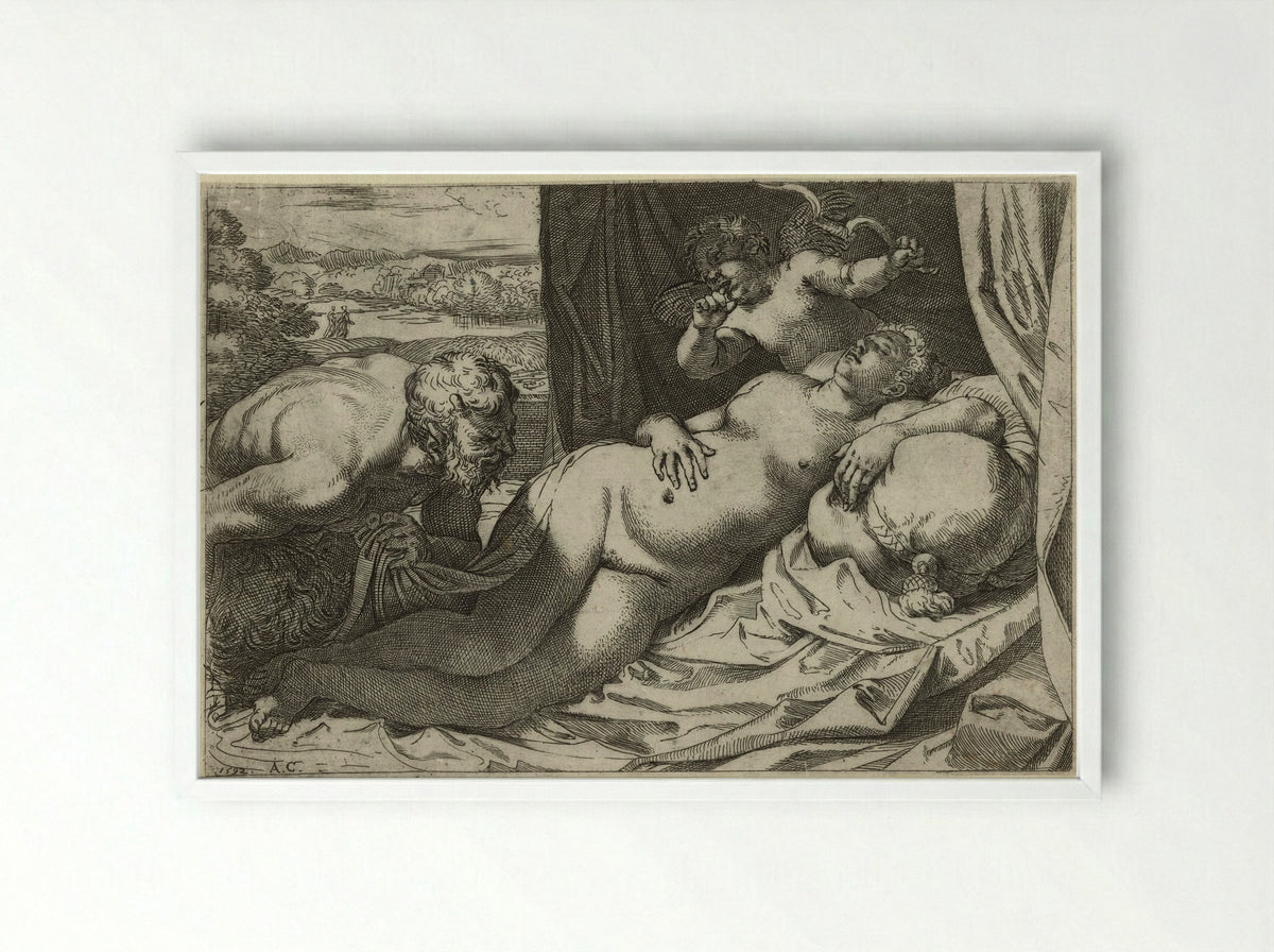 Jupiter and Antiope - Annibale Carracci - Framed Print White