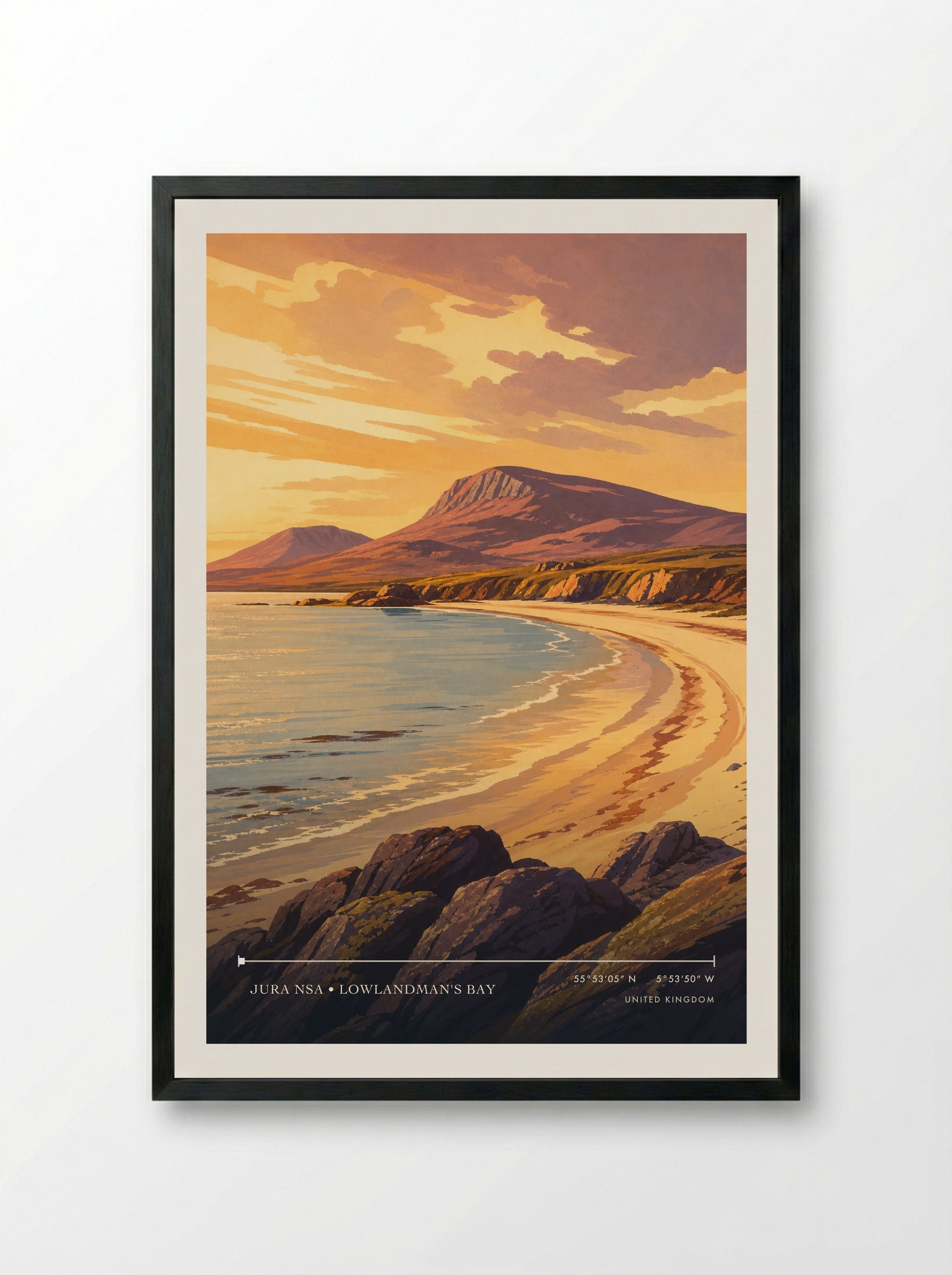 Jura NSA • Lowlandman's Bay United Kingdom Travel Poster - Framed Print Black