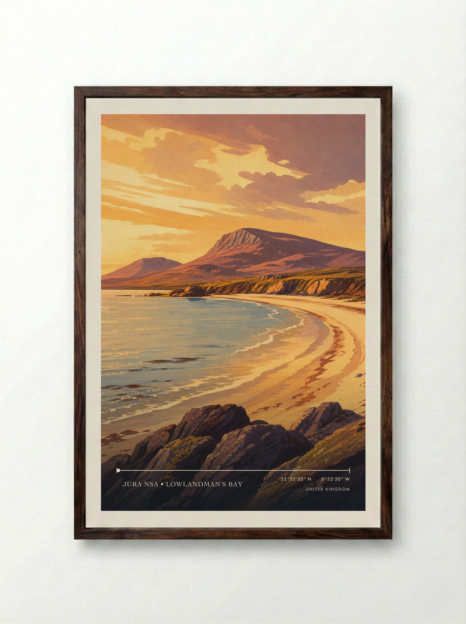 Jura NSA • Lowlandman's Bay United Kingdom Travel Poster - Framed Print Dark Wood
