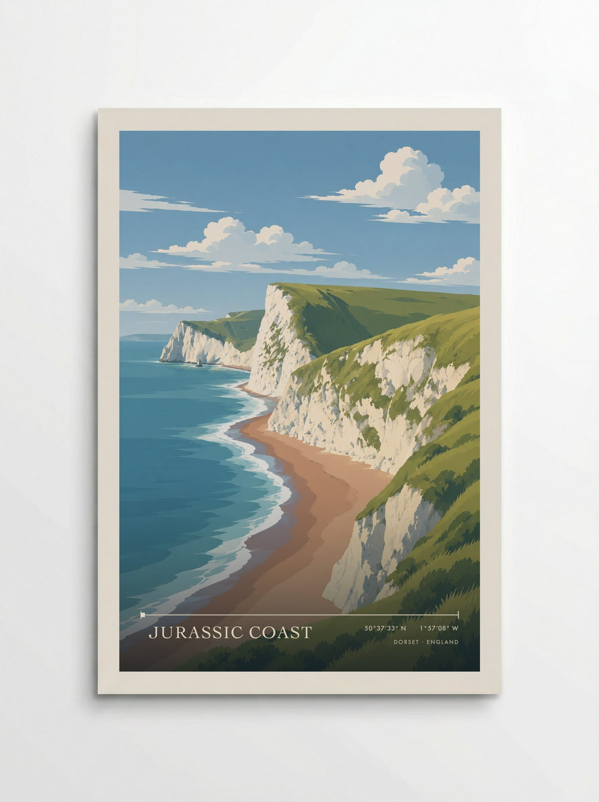 Jurassic Coast, Dorset travel poster: sheer white cliffs, folded green headlands and a narrow brown beach beside blue water and fine lines of surf