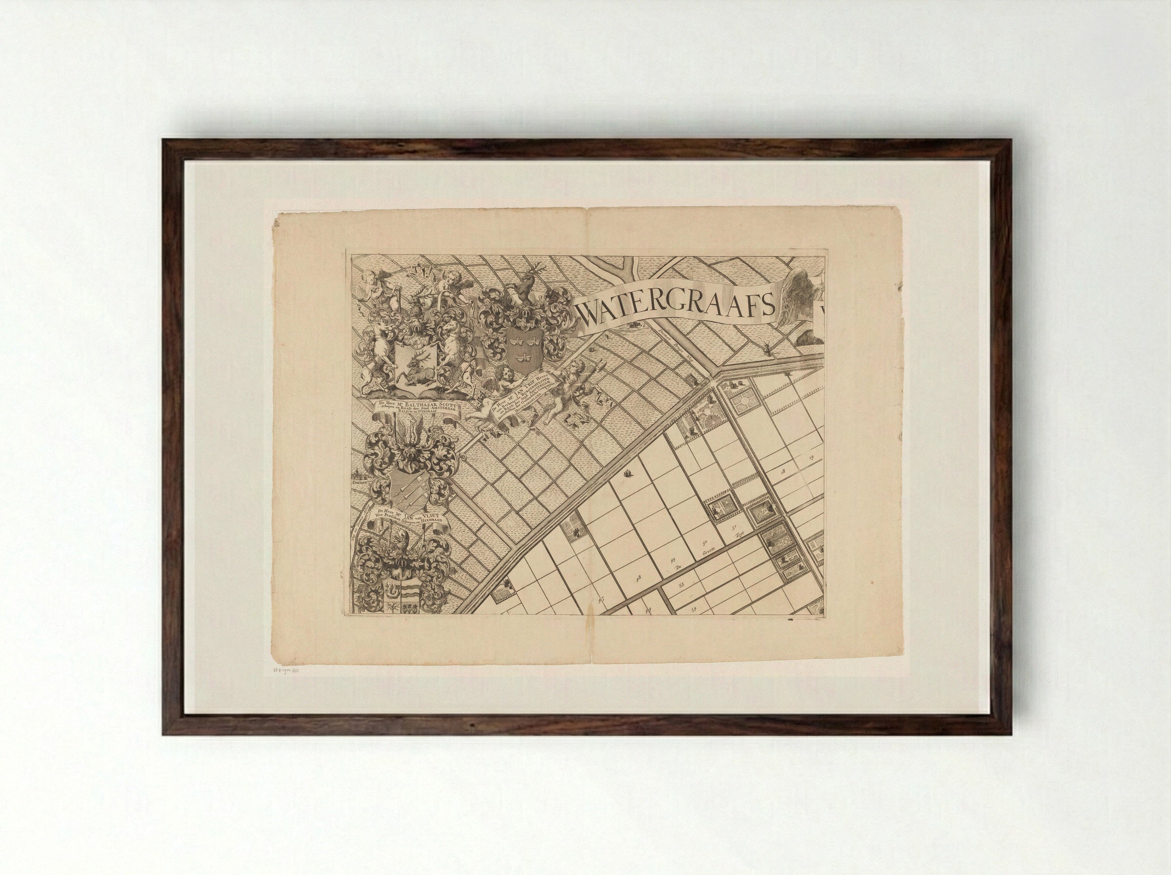 Kaart van de Watergraafsmeer (deel linksboven) - Pieter van den Berge - Framed Print Dark Wood