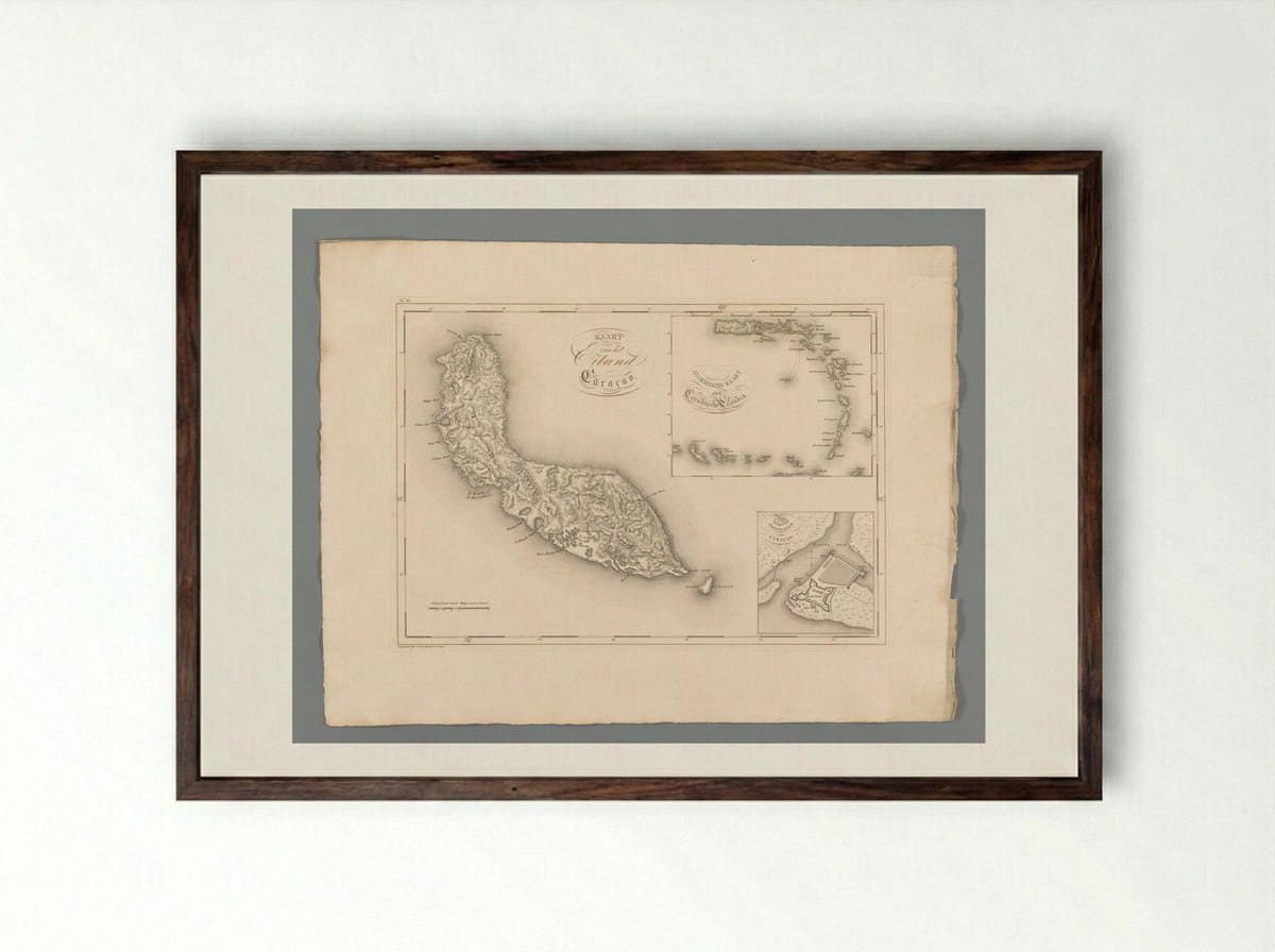 Kaart van het Eiland Curaçao - Gebroeders van Cleef - Framed Print Dark Wood