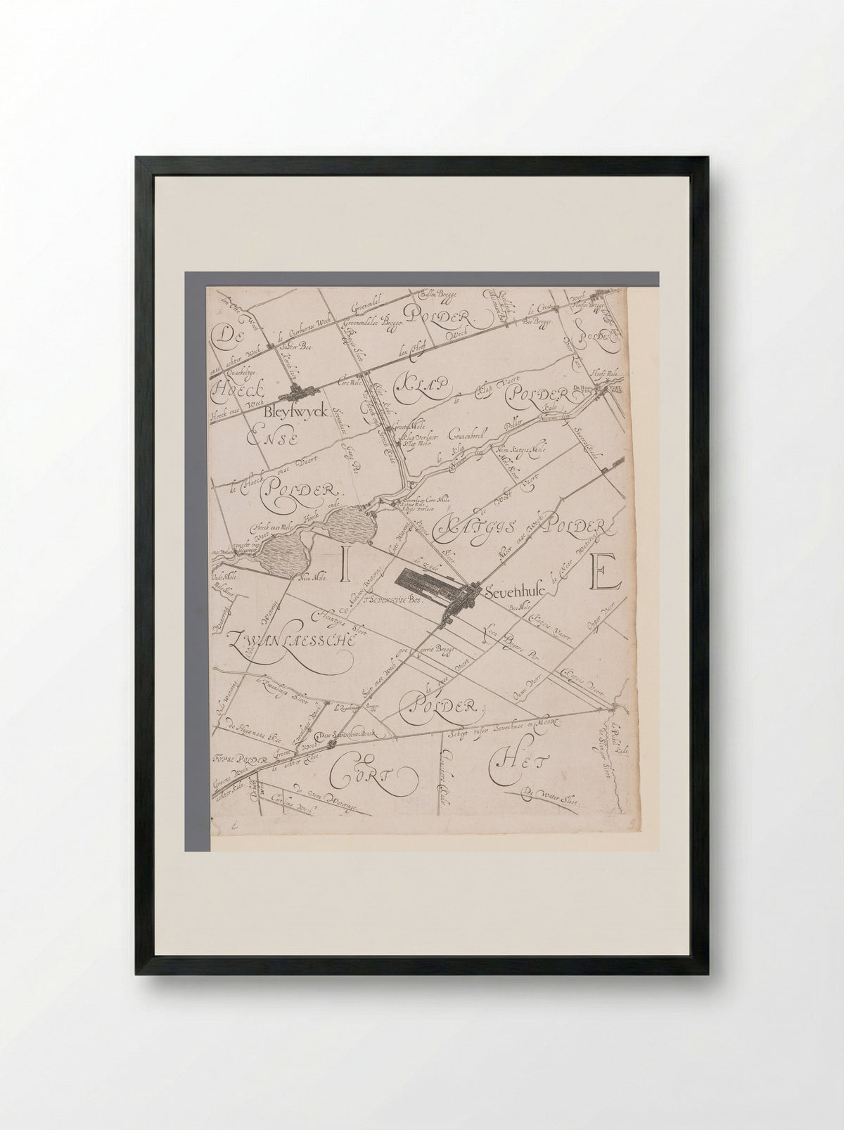 Kaart van het Hoogheemraadschap van Schieland, met Zevenhuizen en Bleiswijk - Balthasar Florisz. van Berckenrode - Framed Print Black