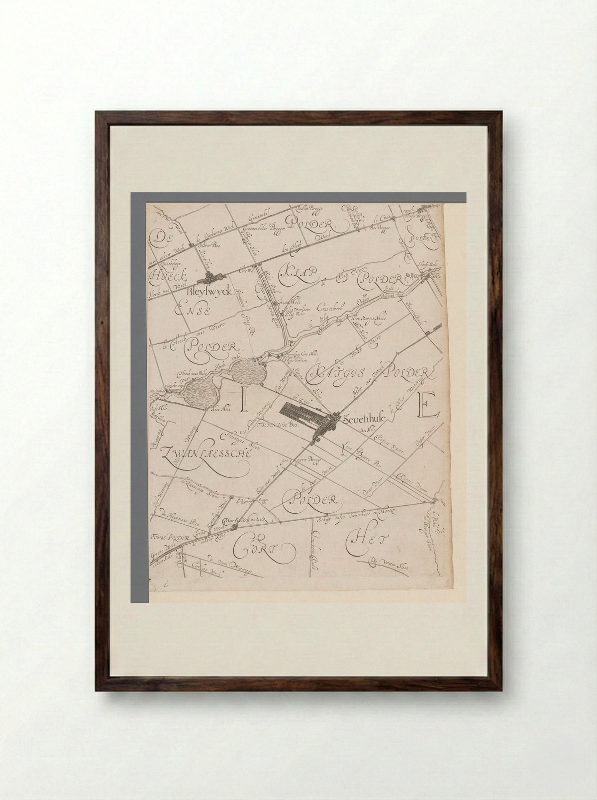 Kaart van het Hoogheemraadschap van Schieland, met Zevenhuizen en Bleiswijk - Balthasar Florisz. van Berckenrode - Framed Print Dark Wood