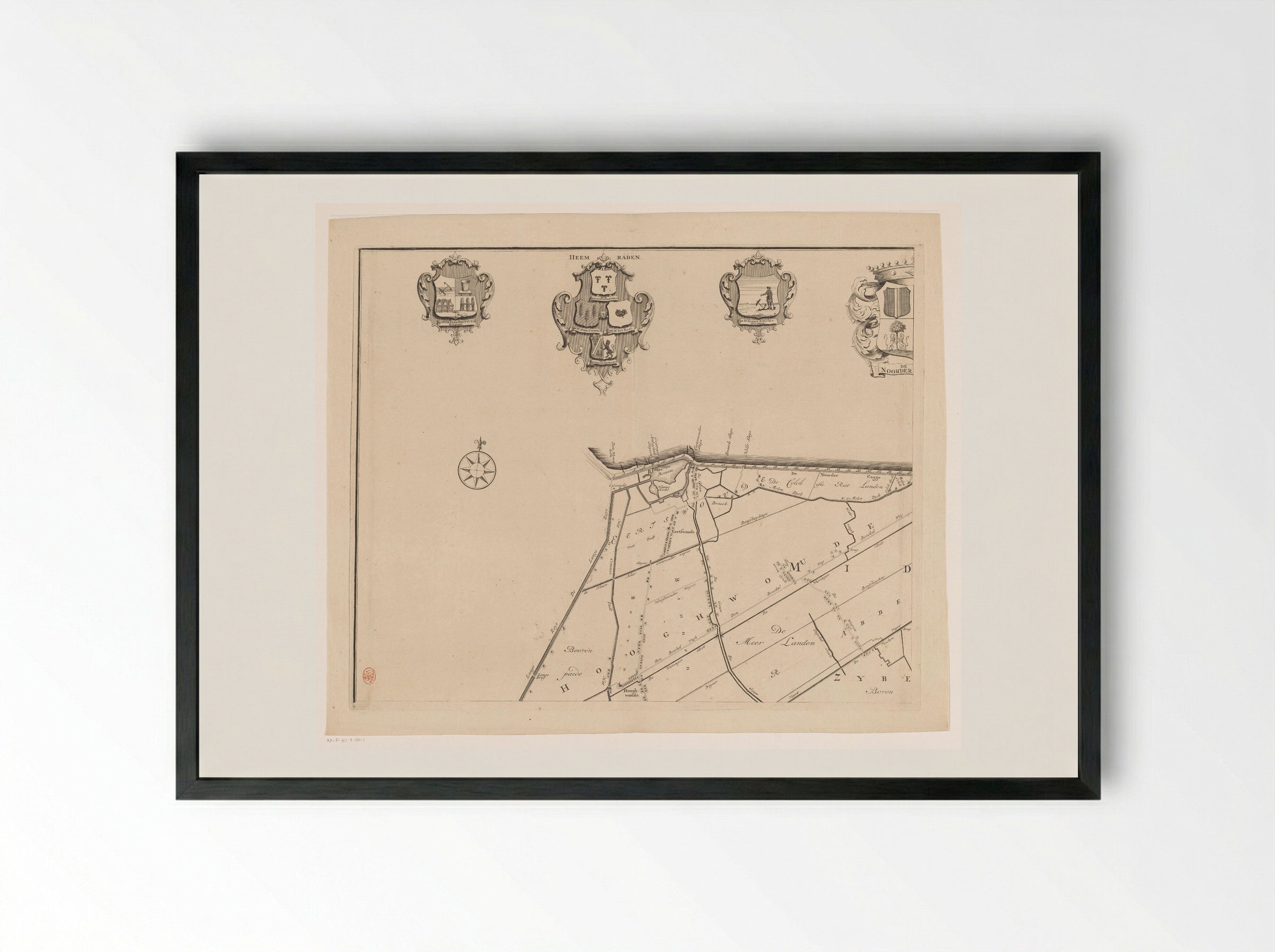 Kaart van het dijkgraafschap van de Vier Noorder Koggen (deel linksboven) - Hendrik de Leth - Framed Print Black