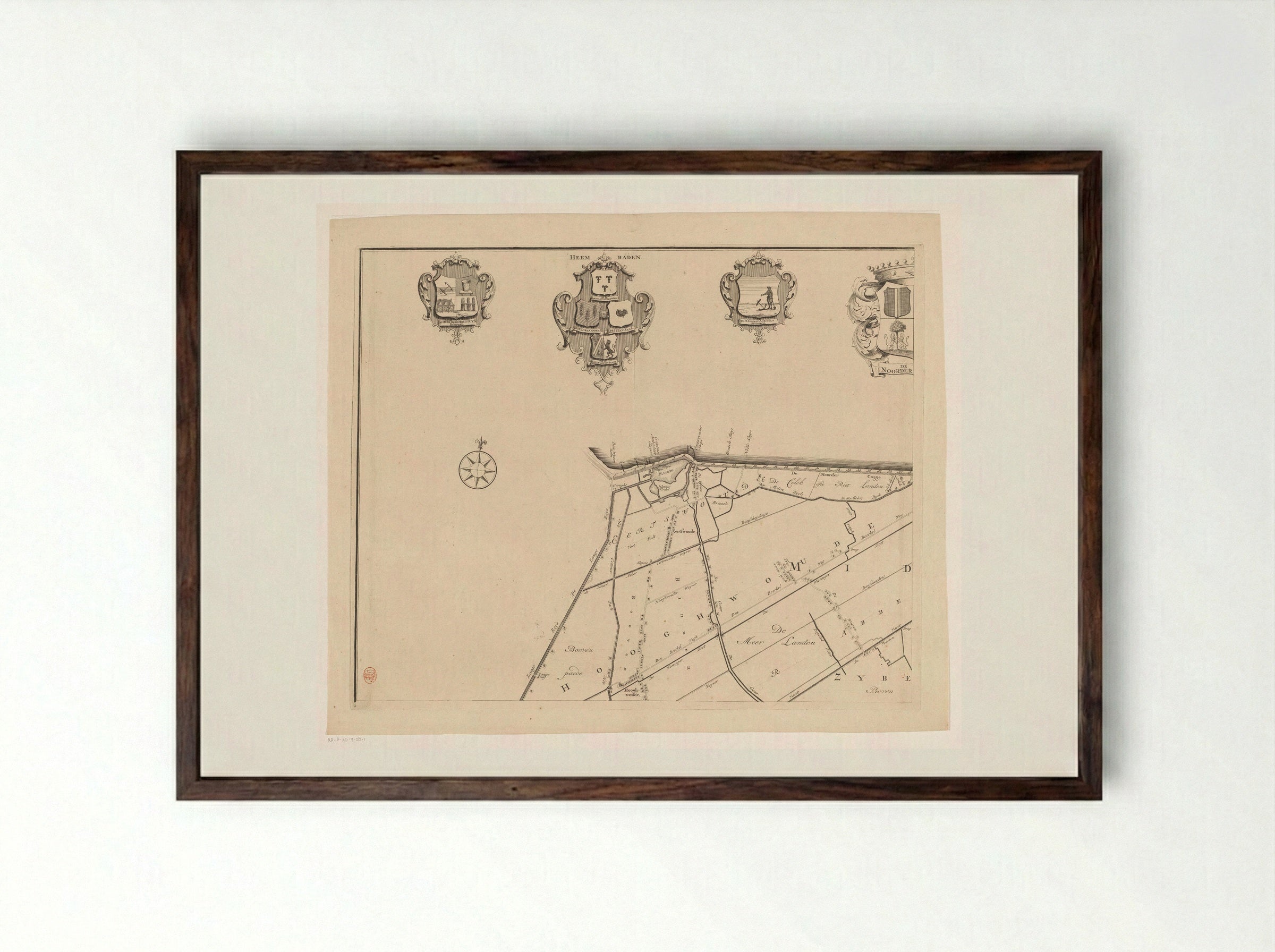 Kaart van het dijkgraafschap van de Vier Noorder Koggen (deel linksboven) - Hendrik de Leth - Framed Print Dark Wood
