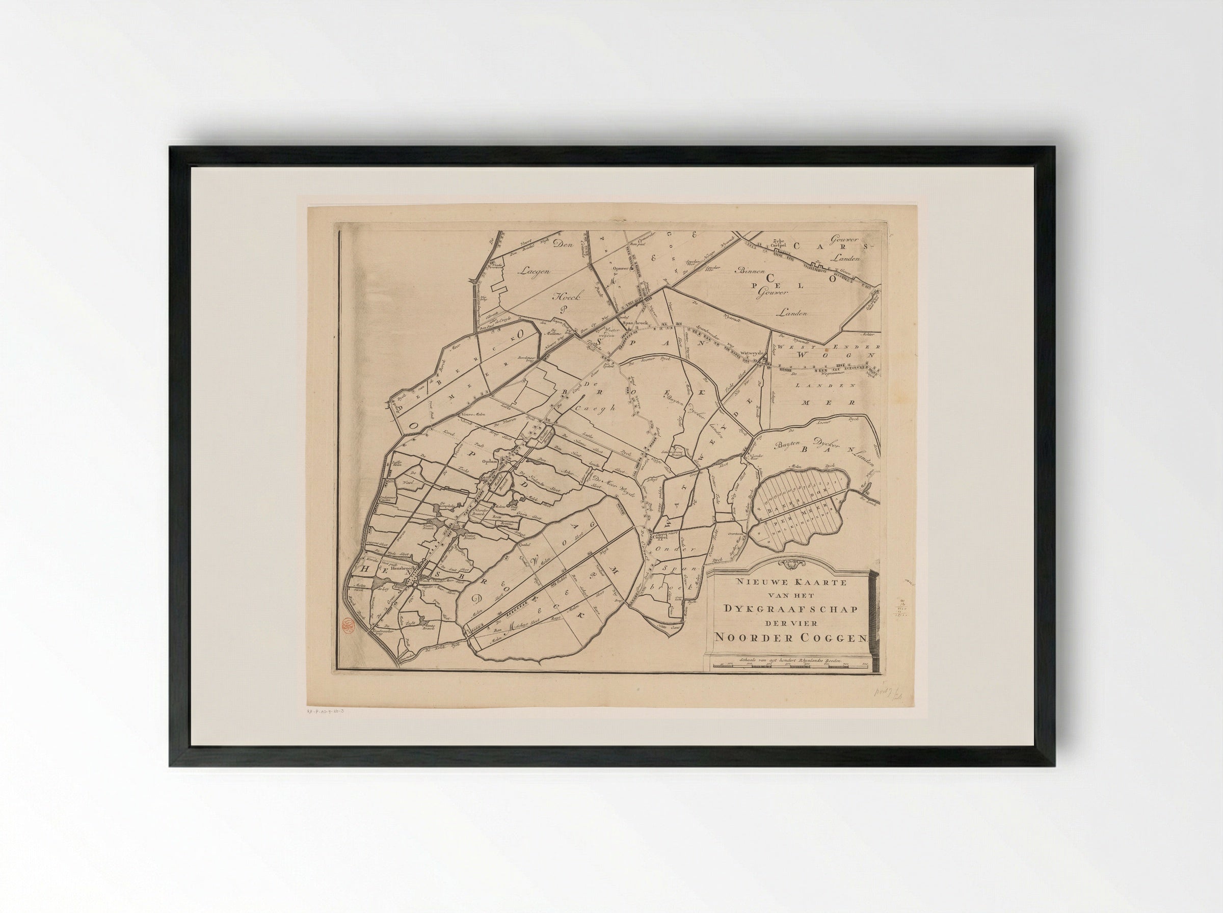 Kaart van het dijkgraafschap van de Vier Noorder Koggen (deel linksonder) - Hendrik de Leth - Framed Print Black