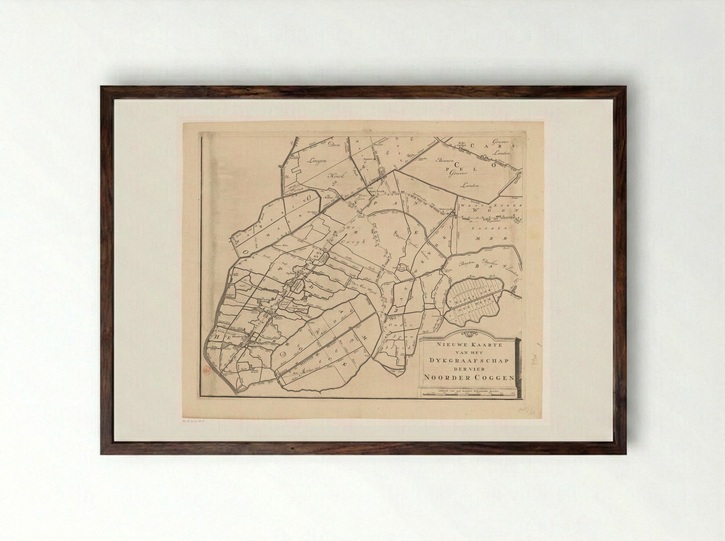 Kaart van het dijkgraafschap van de Vier Noorder Koggen (deel linksonder) - Hendrik de Leth - Framed Print Dark Wood