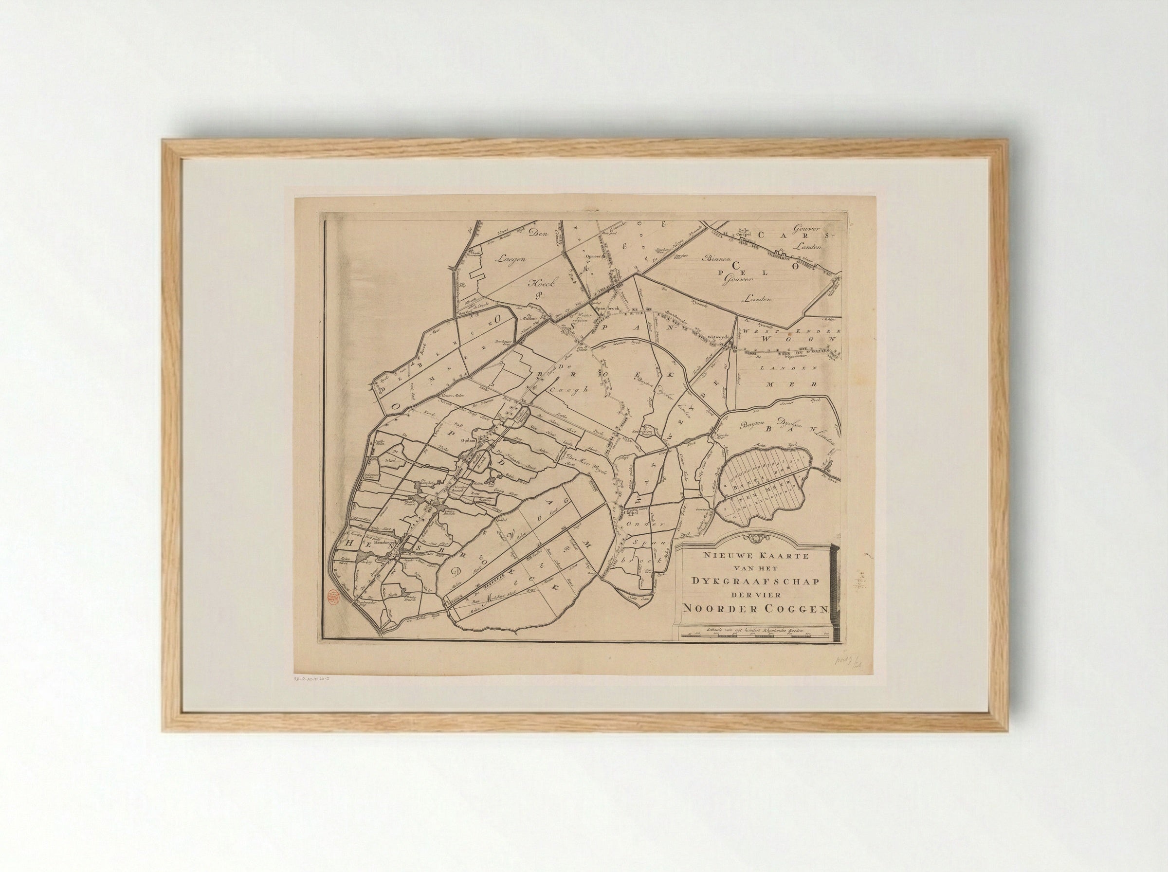 Kaart van het dijkgraafschap van de Vier Noorder Koggen (deel linksonder) - Hendrik de Leth - Framed Print Wood