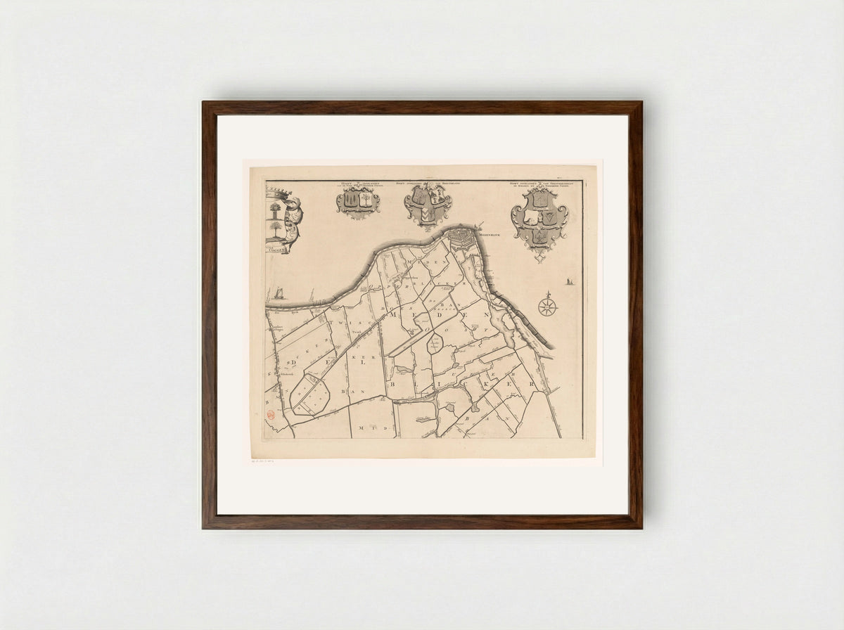 Kaart van het dijkgraafschap van de Vier Noorder Koggen (deel rechtsboven) - Hendrik de Leth - Framed Print Dark Wood