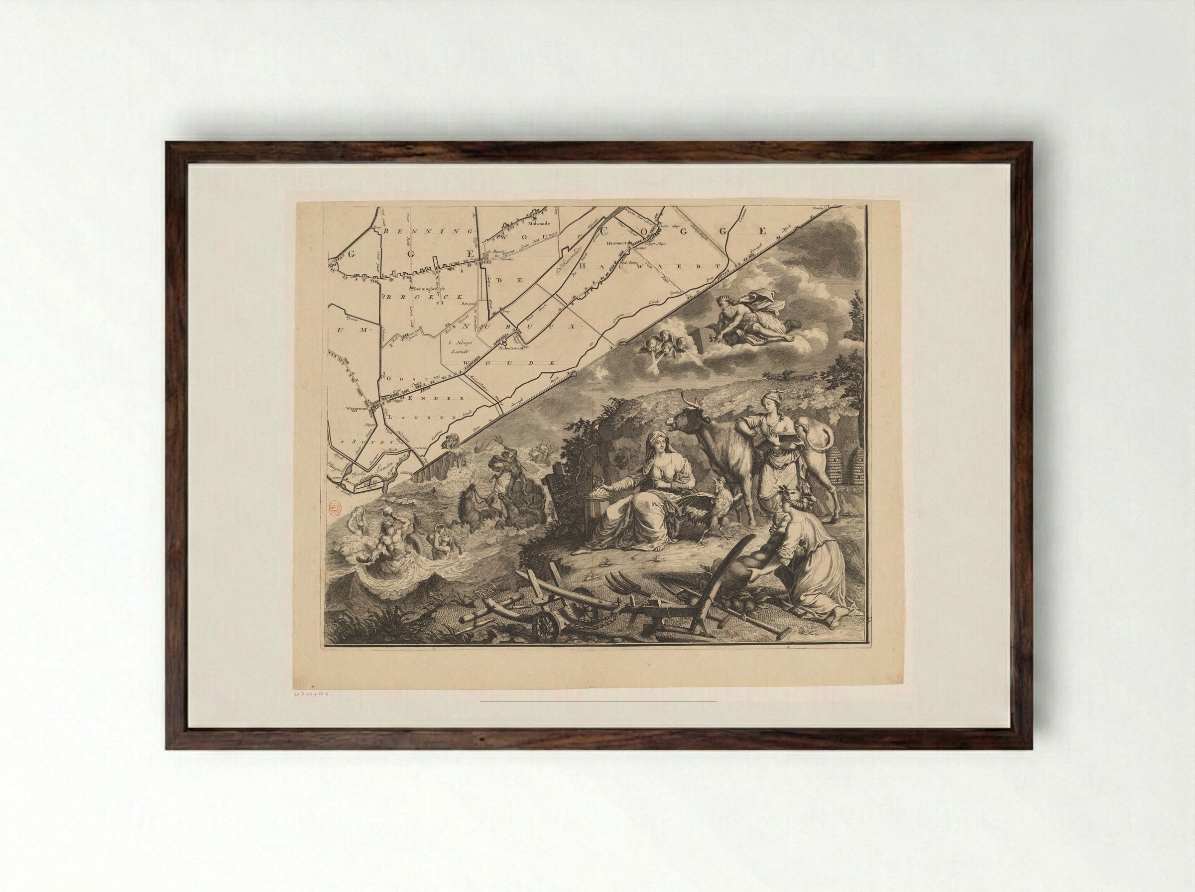 Kaart van het dijkgraafschap van de Vier Noorder Koggen (deel rechtsonder) - Hendrik de Leth - Framed Print Dark Wood
