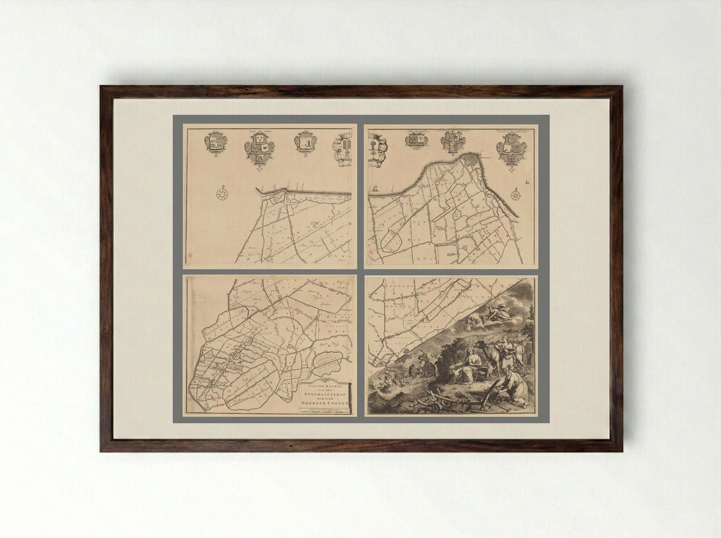 Kaart van het dijkgraafschap van de Vier Noorder Koggen - Hendrik de Leth - Framed Print Dark Wood