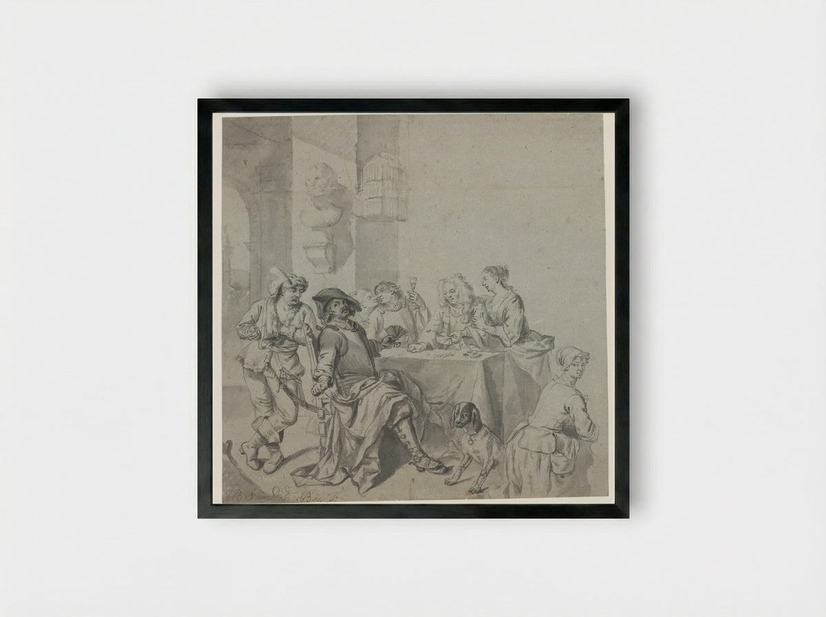 Kaartspelend gezelschap - Balthasar van den Bossche - Framed Print Black