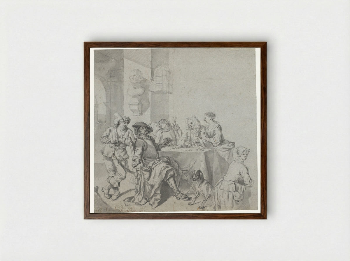 Kaartspelend gezelschap - Balthasar van den Bossche - Framed Print Dark Wood