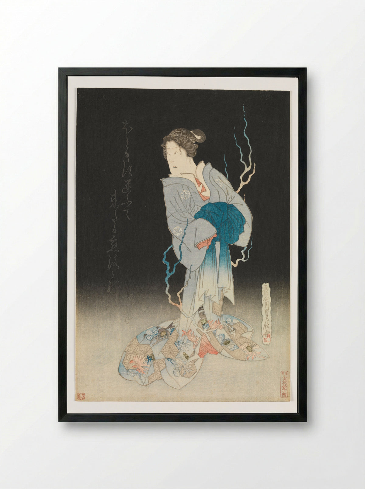 Kabuki Actor Onoe Kikugorō III as the Spirit of the Courtesan Yonakishii - Hasegawa Sadanobu - Framed Print Black