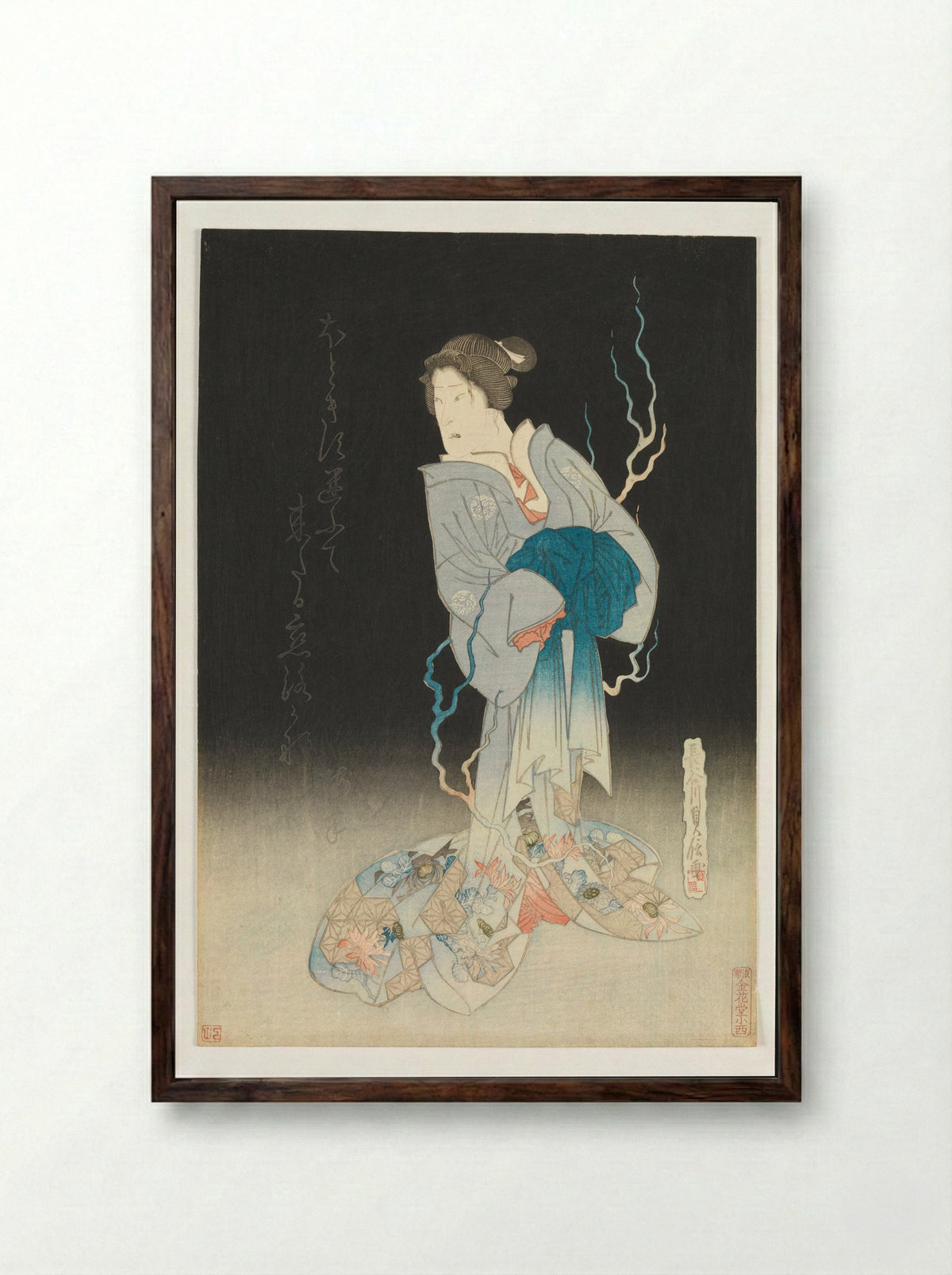 Kabuki Actor Onoe Kikugorō III as the Spirit of the Courtesan Yonakishii - Hasegawa Sadanobu - Framed Print Dark Wood