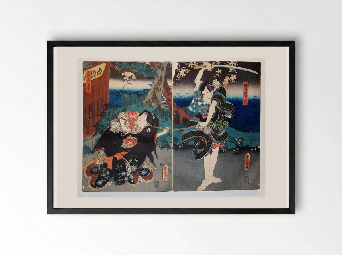 Kabuki Actors in Dramatic Scene - Utagawa Kunisada - Framed Print Black