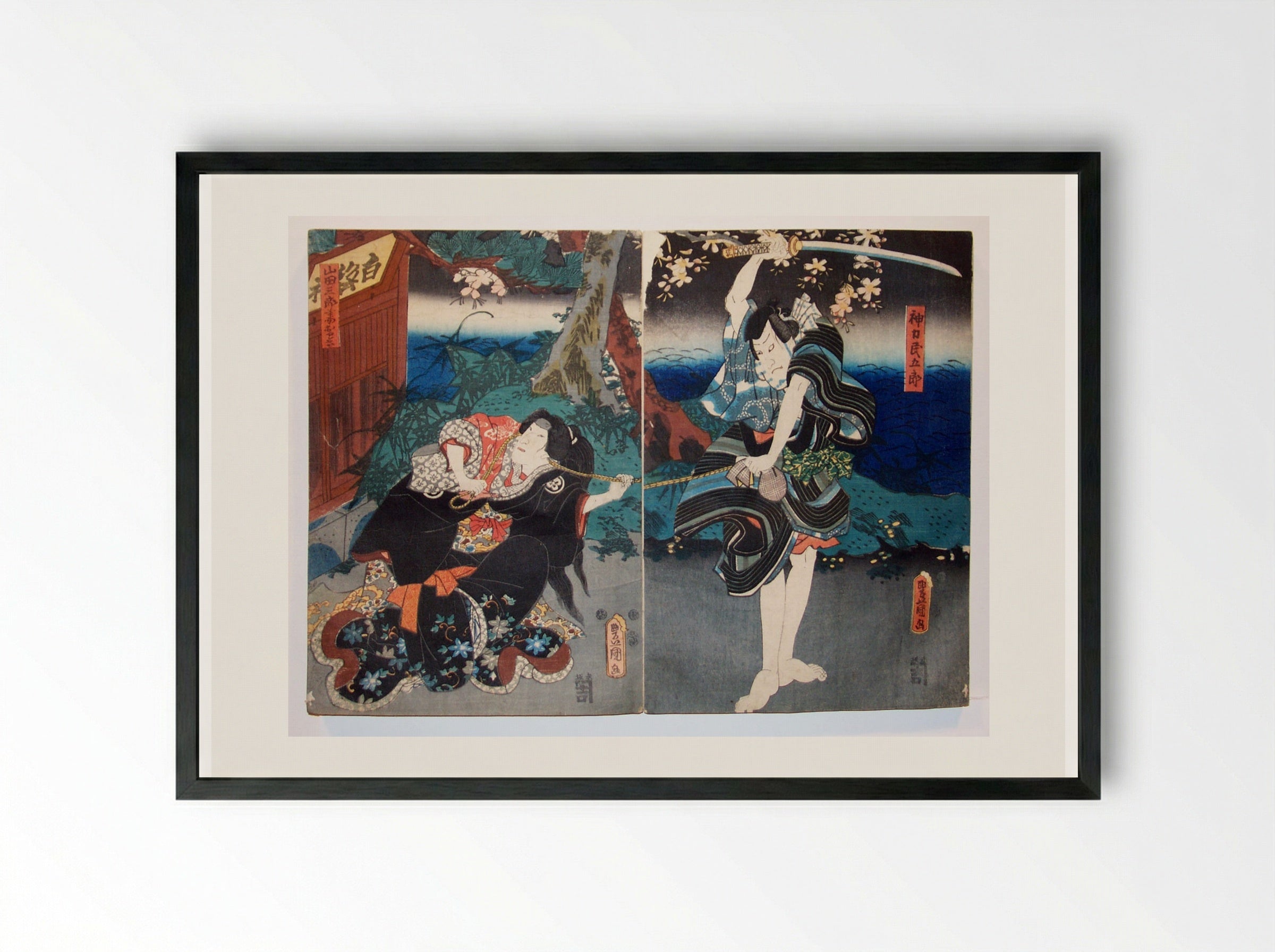 Kabuki Actors in Dramatic Scene - Utagawa Kunisada - Framed Print Black