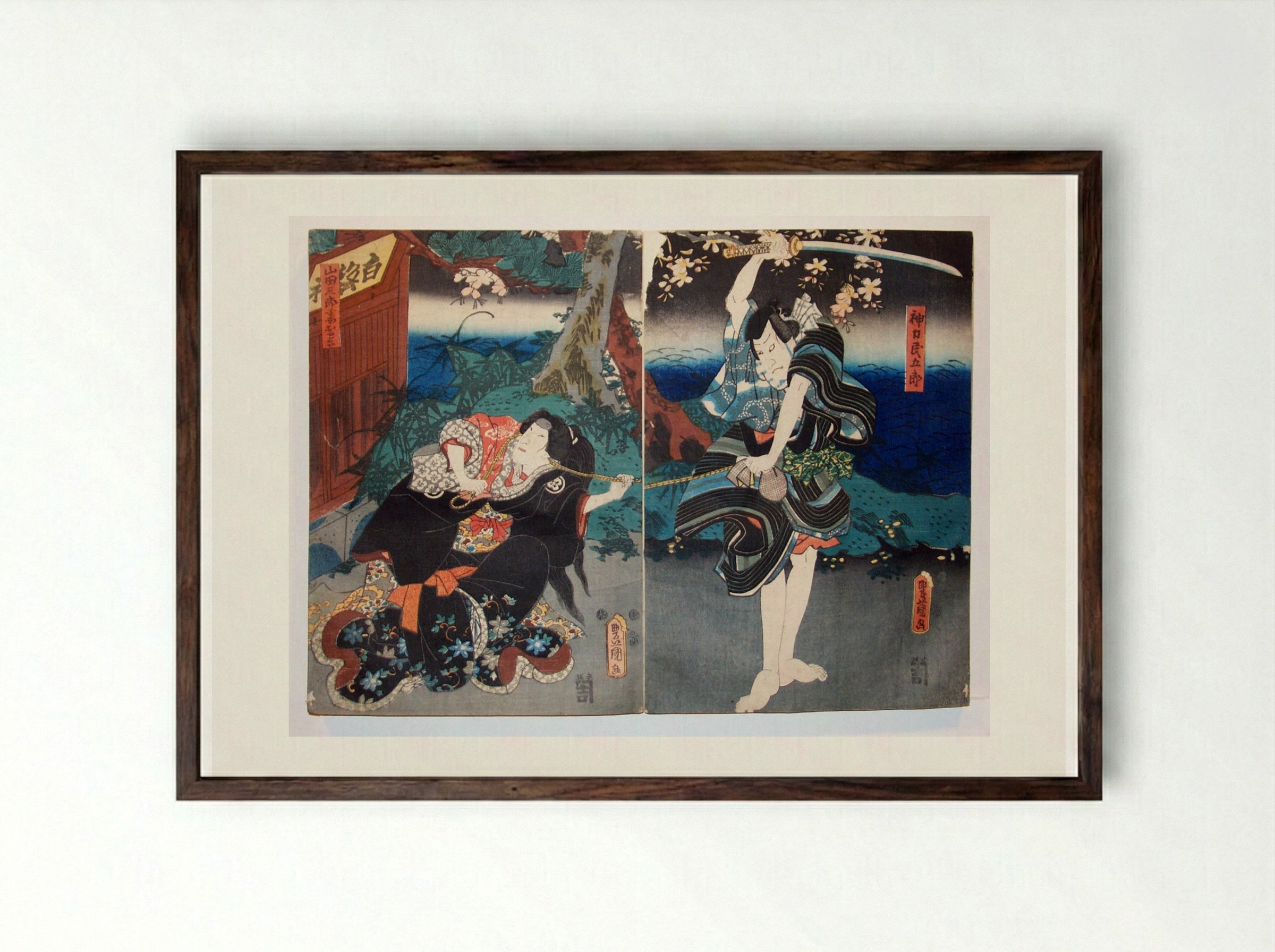 Kabuki Actors in Dramatic Scene - Utagawa Kunisada - Framed Print Dark Wood
