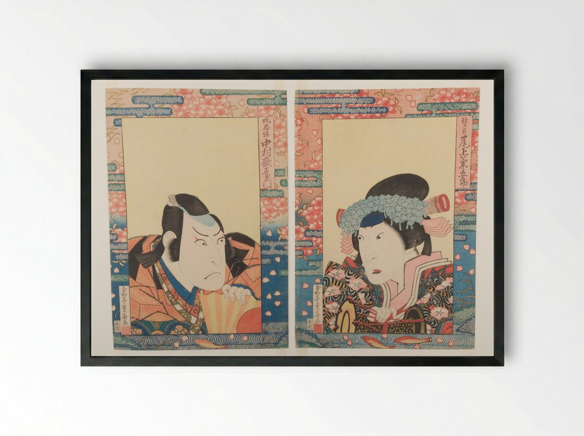 Kabuki Actors in Yoshitsune senbon zakura - Gyokuryūtei Shigeharu - Framed Print Black
