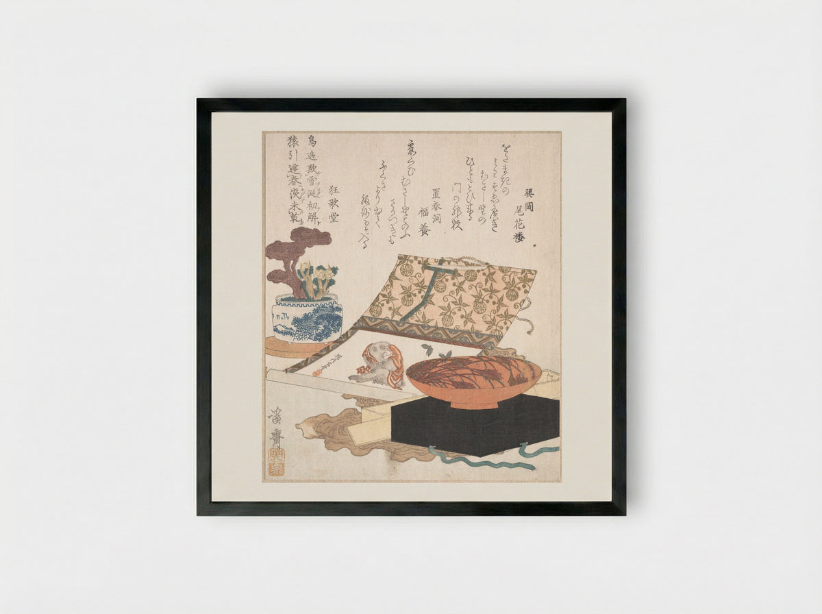 Kakemono of Monkey, Wine Cup and Potted Plants - Keisai Eisen - Framed Print Black