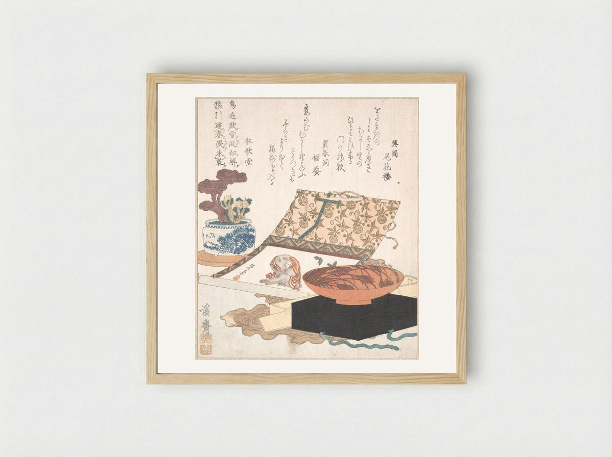 Kakemono of Monkey, Wine Cup and Potted Plants - Keisai Eisen - Framed Print Wood