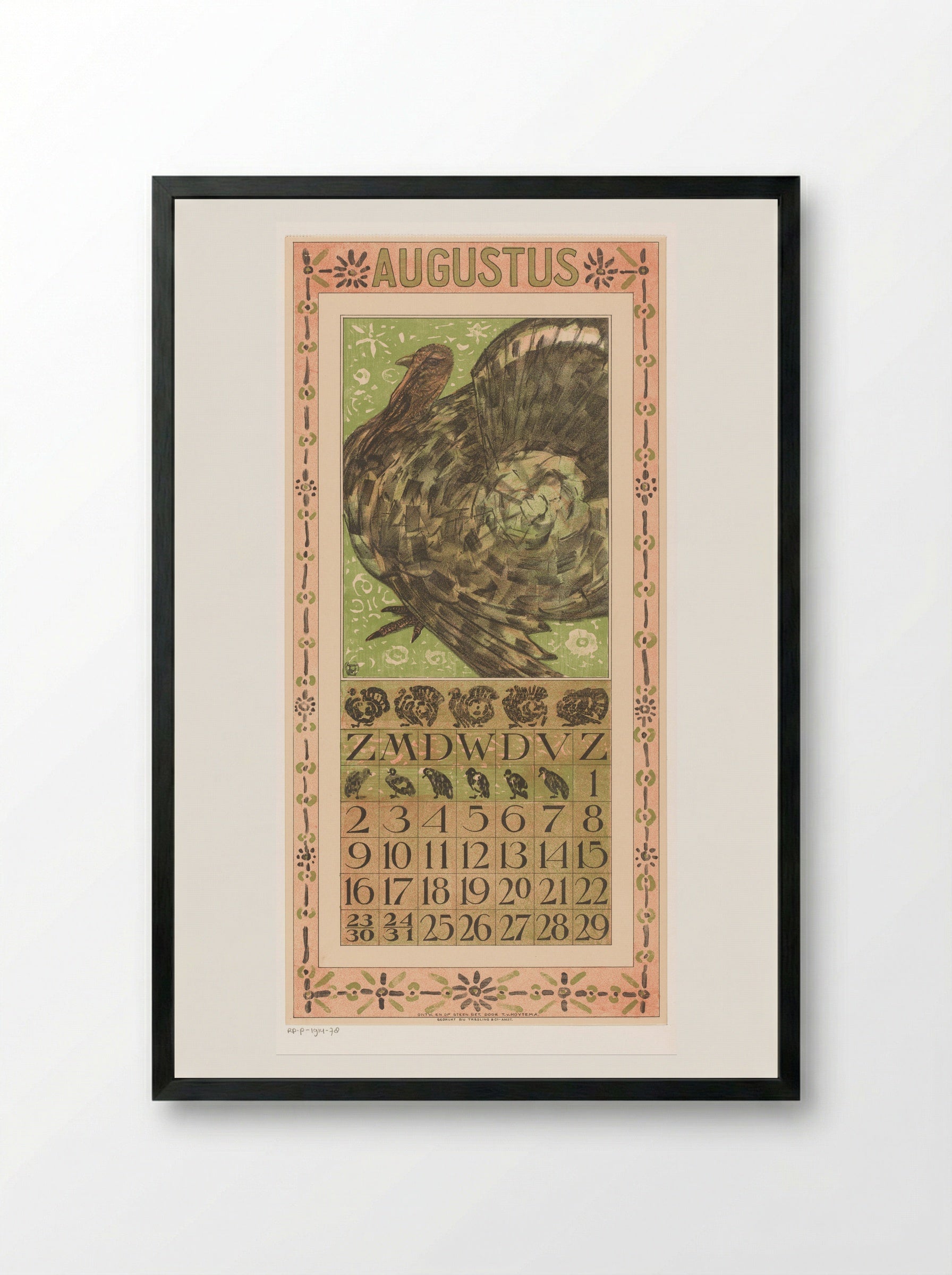 Kalenderblad augustus met kalkoen - Theo van Hoytema - Framed Print Black