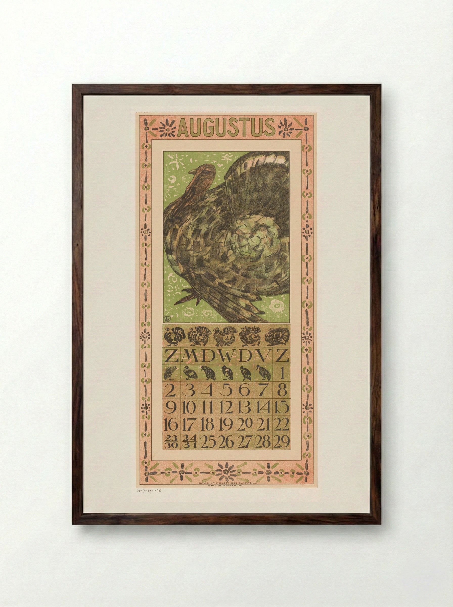 Kalenderblad augustus met kalkoen - Theo van Hoytema - Framed Print Dark Wood