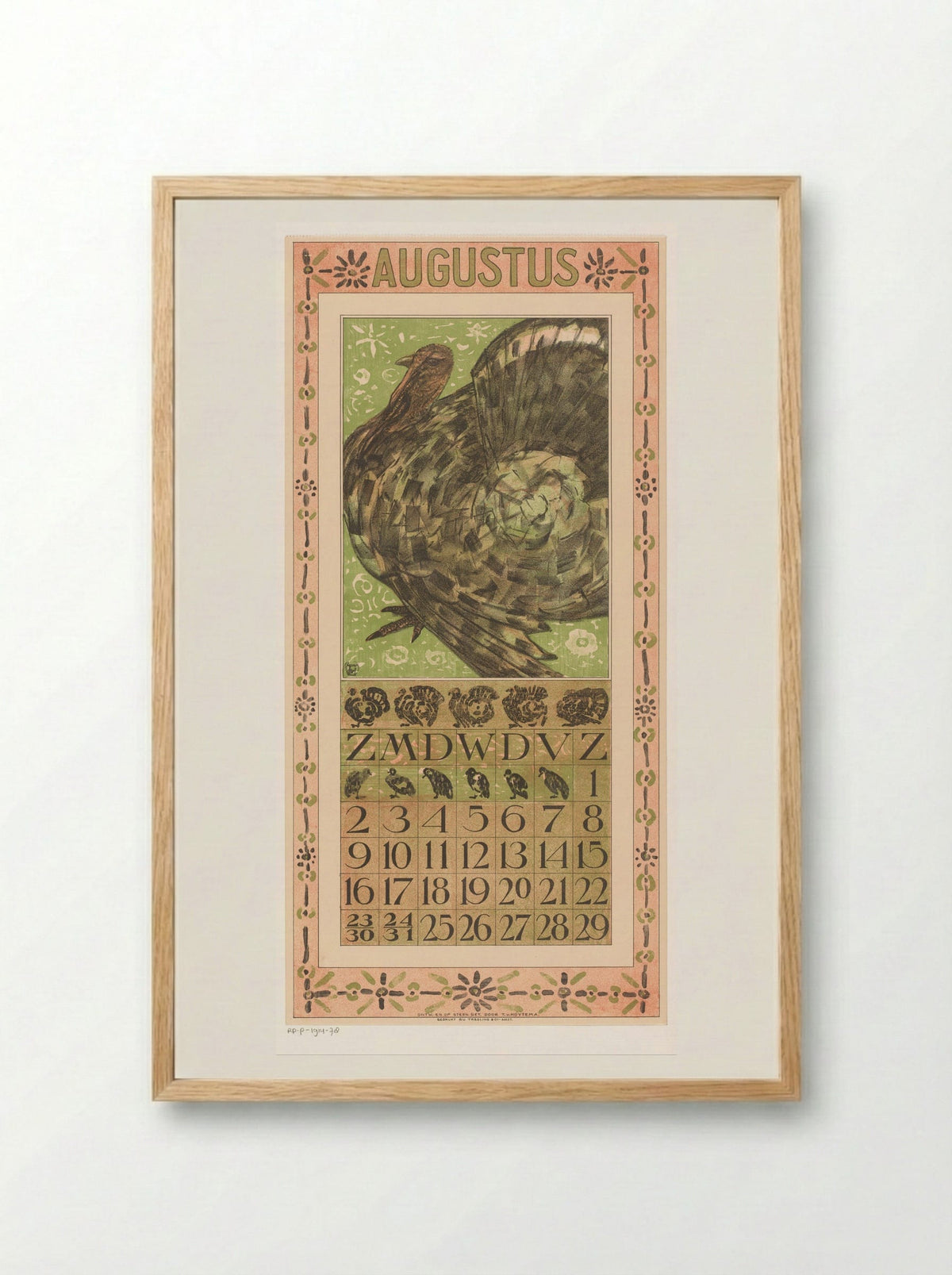 Kalenderblad augustus met kalkoen - Theo van Hoytema - Framed Print Wood