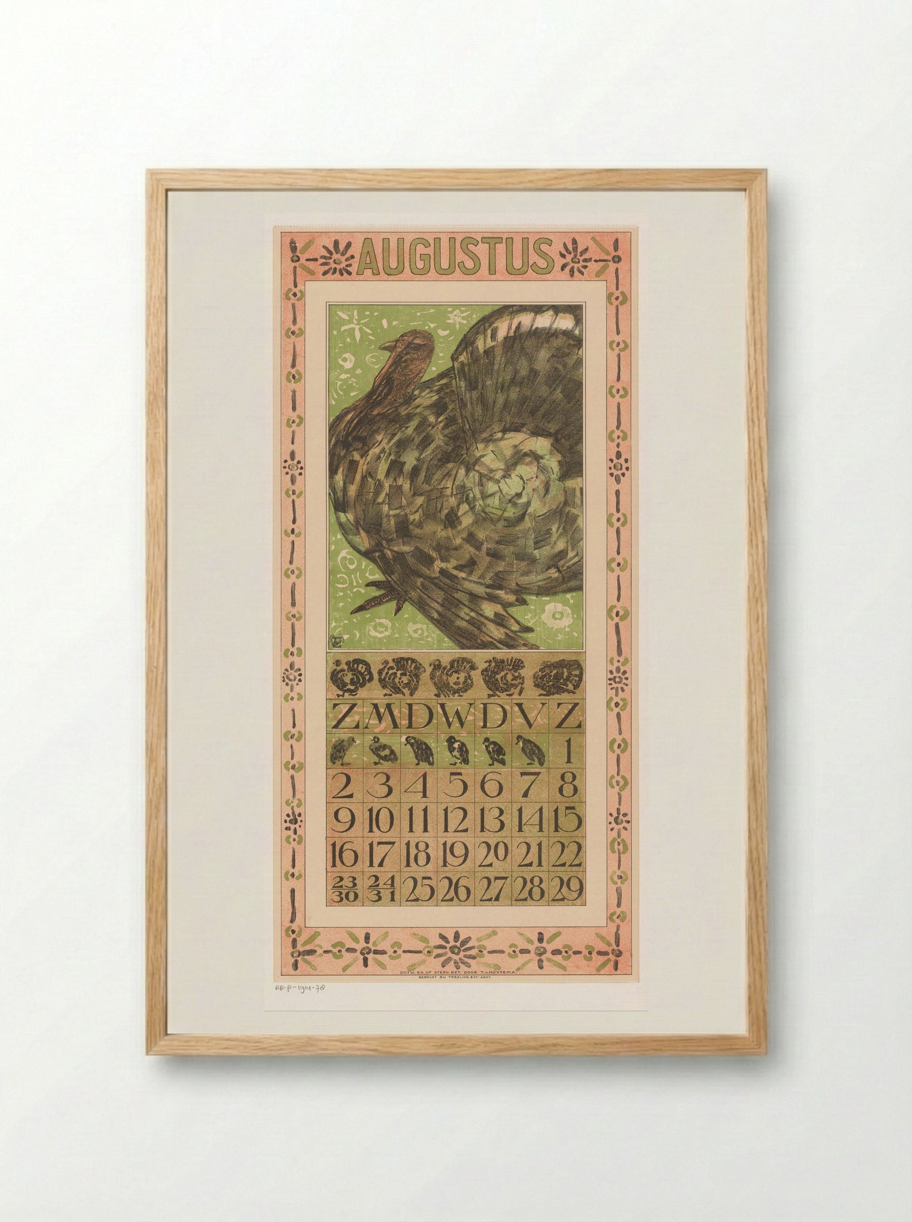 Kalenderblad augustus met kalkoen - Theo van Hoytema - Framed Print Wood