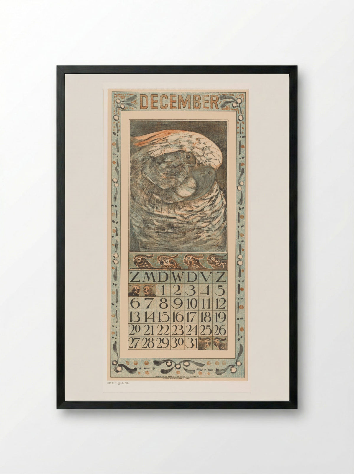 Kalenderblad december met papegaai - Theo van Hoytema - Framed Print Black