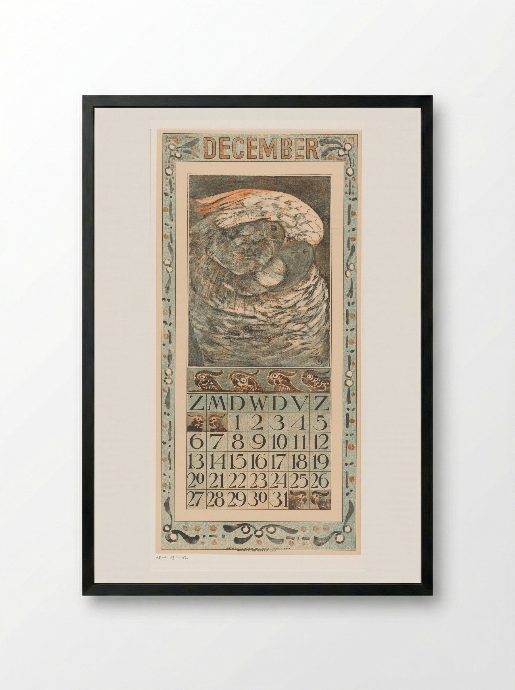 Kalenderblad december met papegaai - Theo van Hoytema - Framed Print Black
