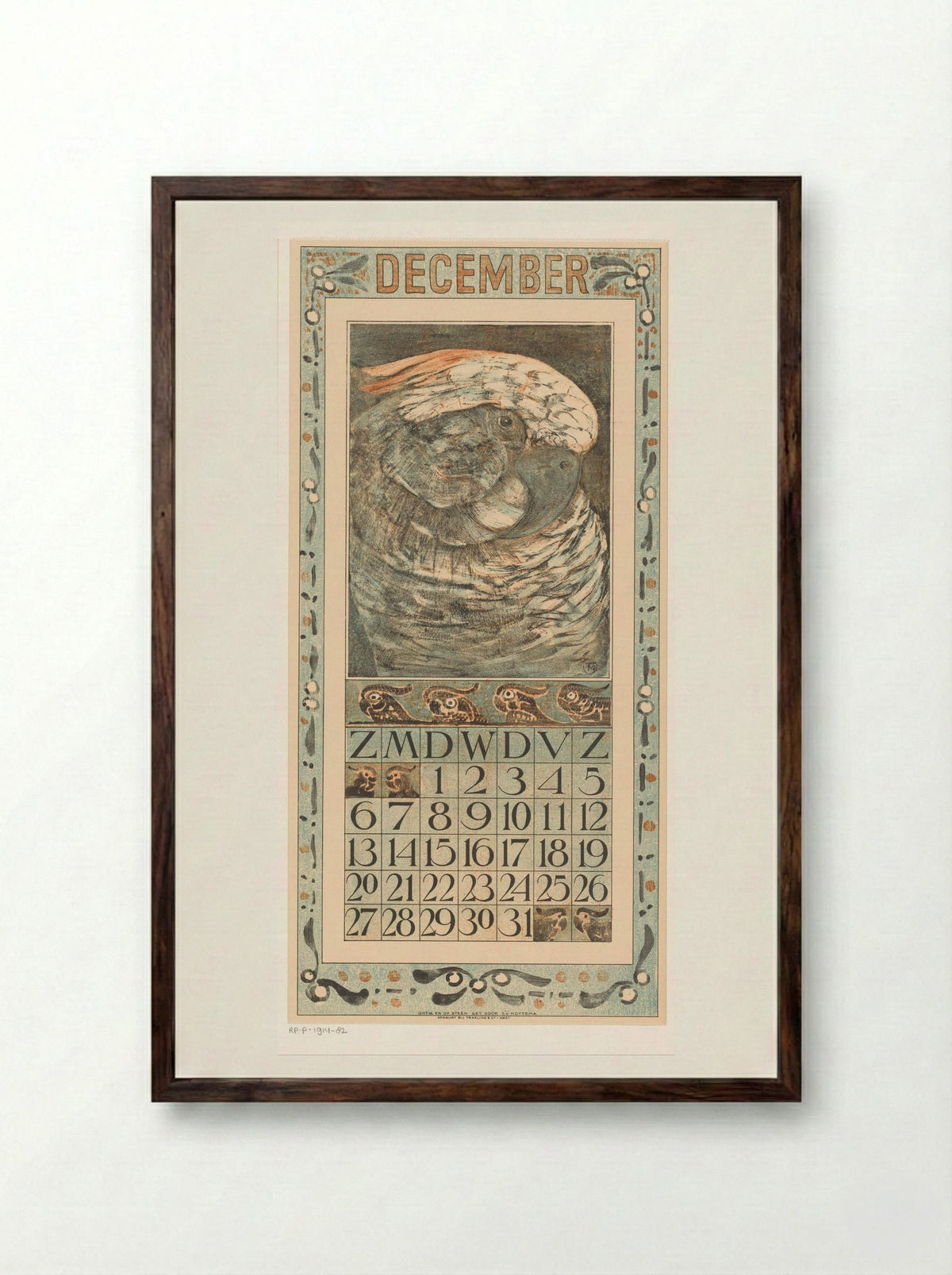 Kalenderblad december met papegaai - Theo van Hoytema - Framed Print Dark Wood