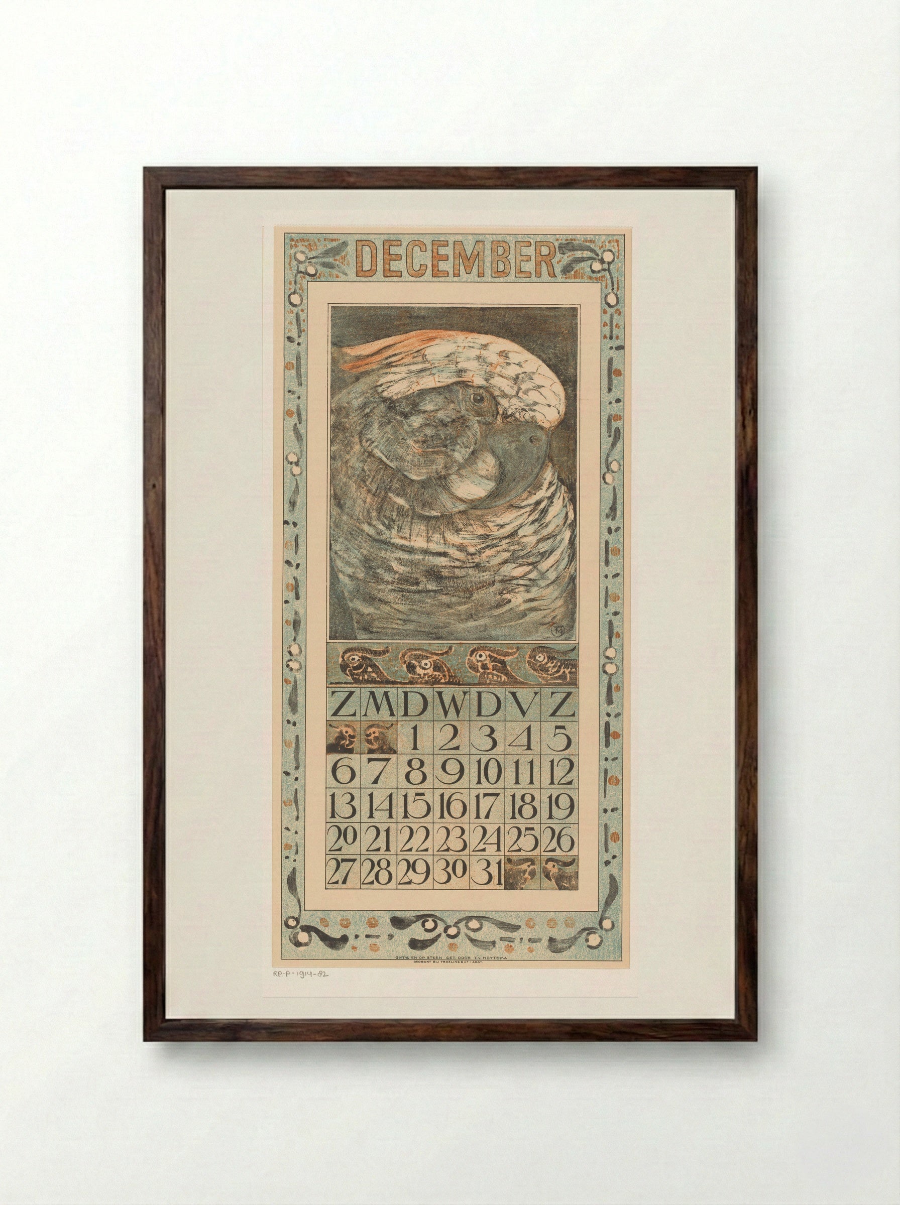 Kalenderblad december met papegaai - Theo van Hoytema - Framed Print Dark Wood