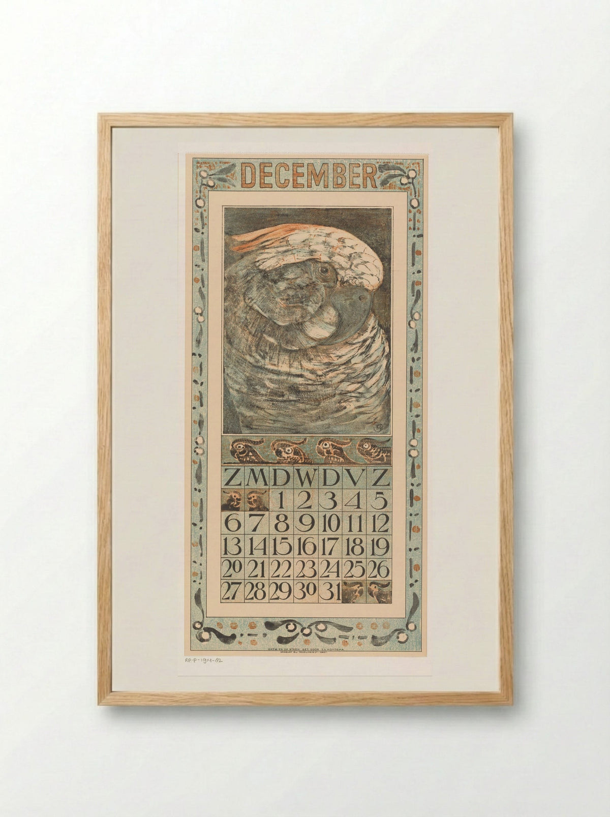 Kalenderblad december met papegaai - Theo van Hoytema - Framed Print Wood
