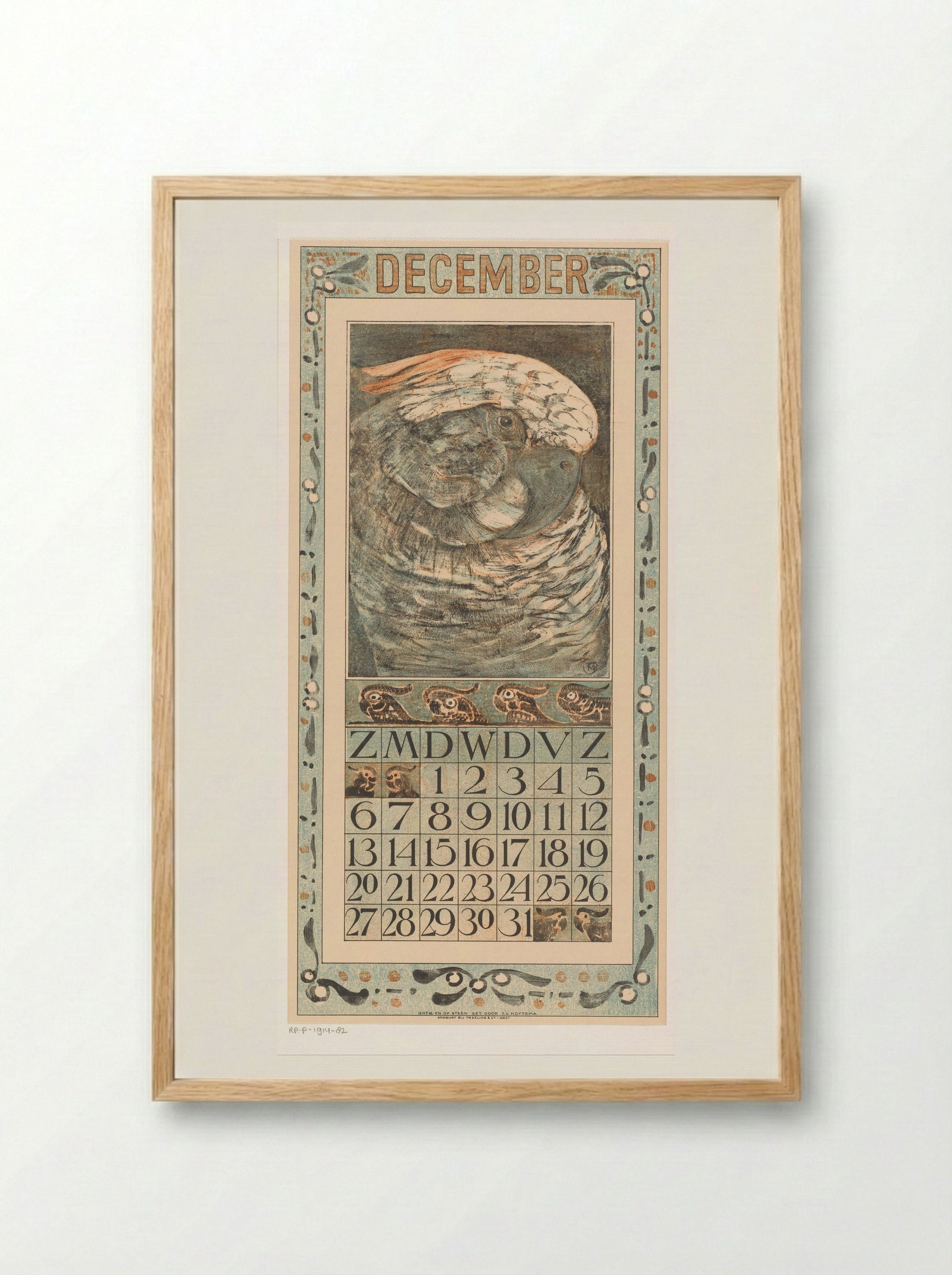 Kalenderblad december met papegaai - Theo van Hoytema - Framed Print Wood