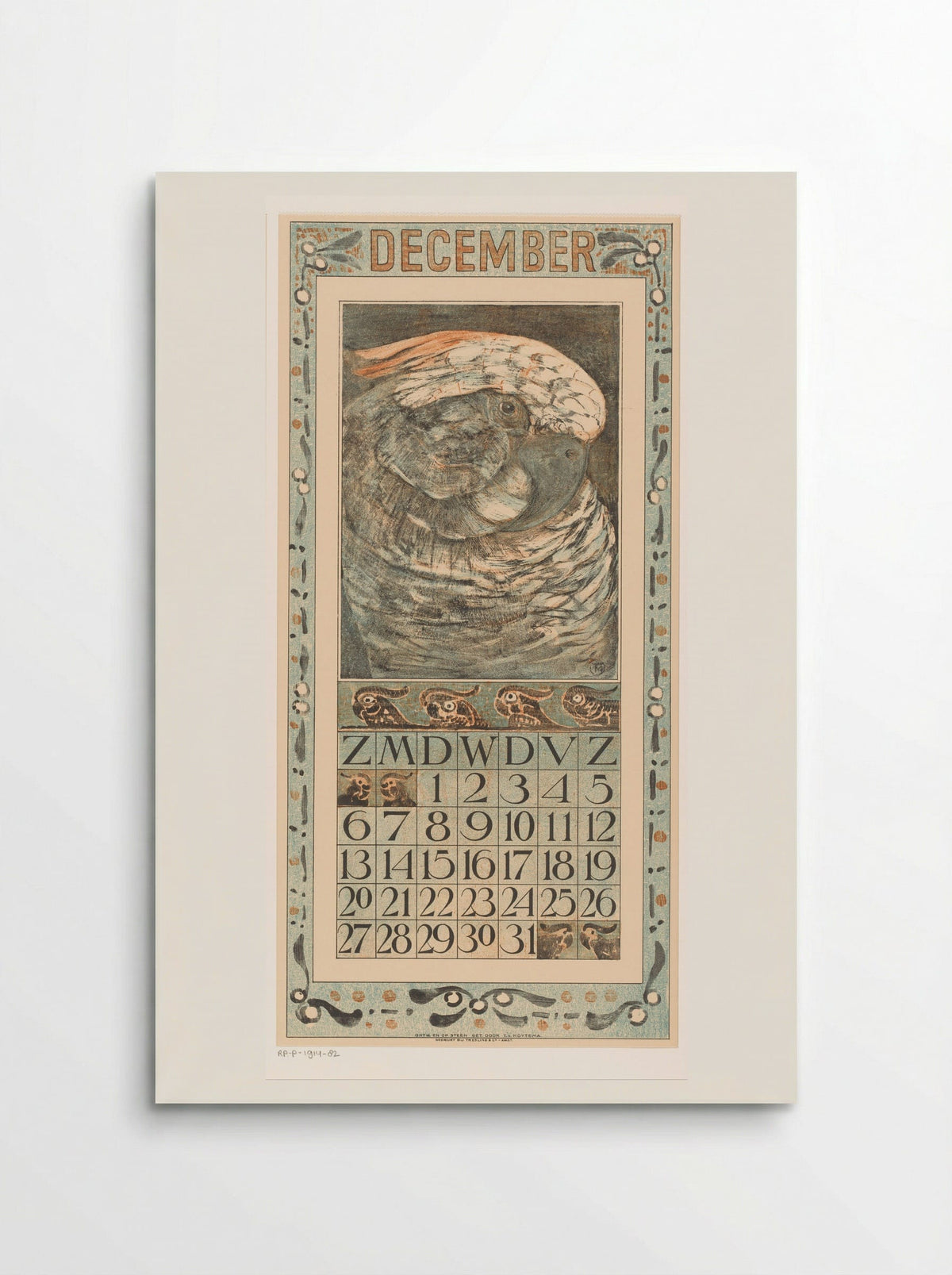 Kalenderblad december met papegaai - Theo van Hoytema - Poster